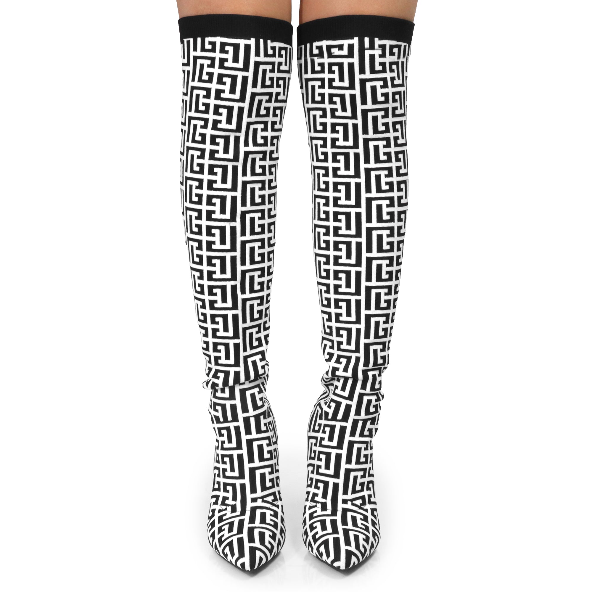 THALIA-1 MONOGRAM-KNIT OVERKNEE BOOT W/HEEL Black/White