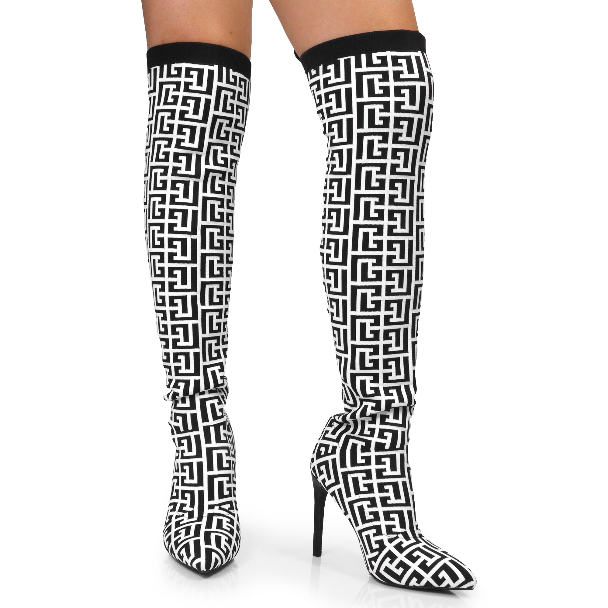 THALIA-1 MONOGRAM-KNIT OVERKNEE BOOT W/HEEL Black/White