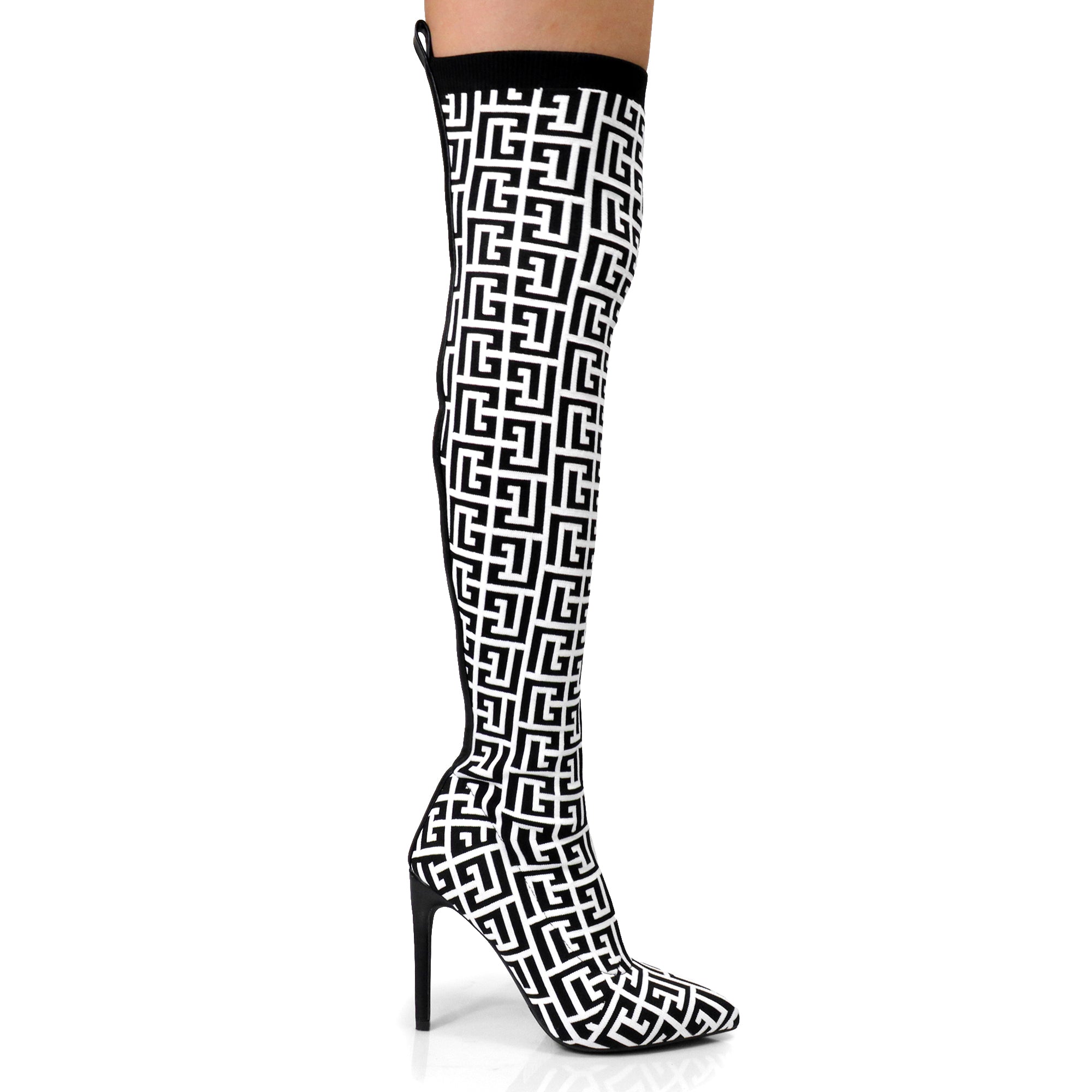 THALIA-1 MONOGRAM-KNIT OVERKNEE BOOT W/HEEL Black/White