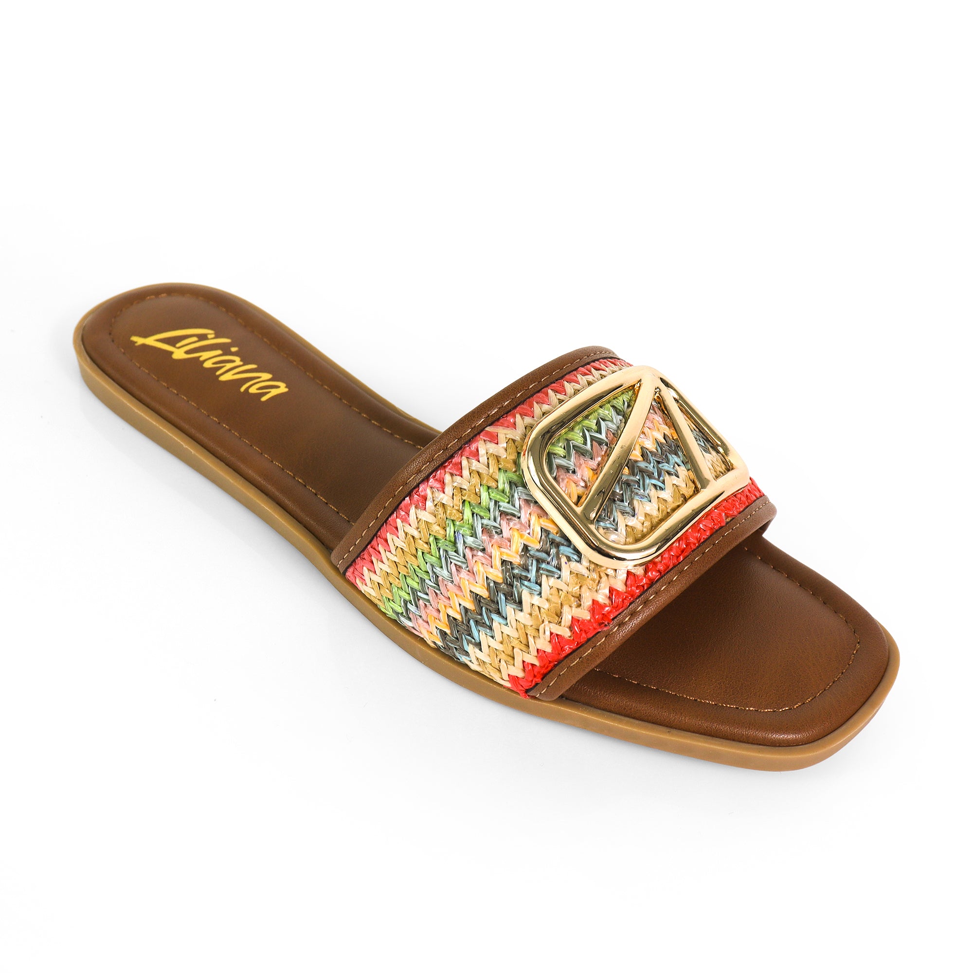 TIANA-2 RAFFIA BUCKLE SILDE BROWN MULTIPLE
