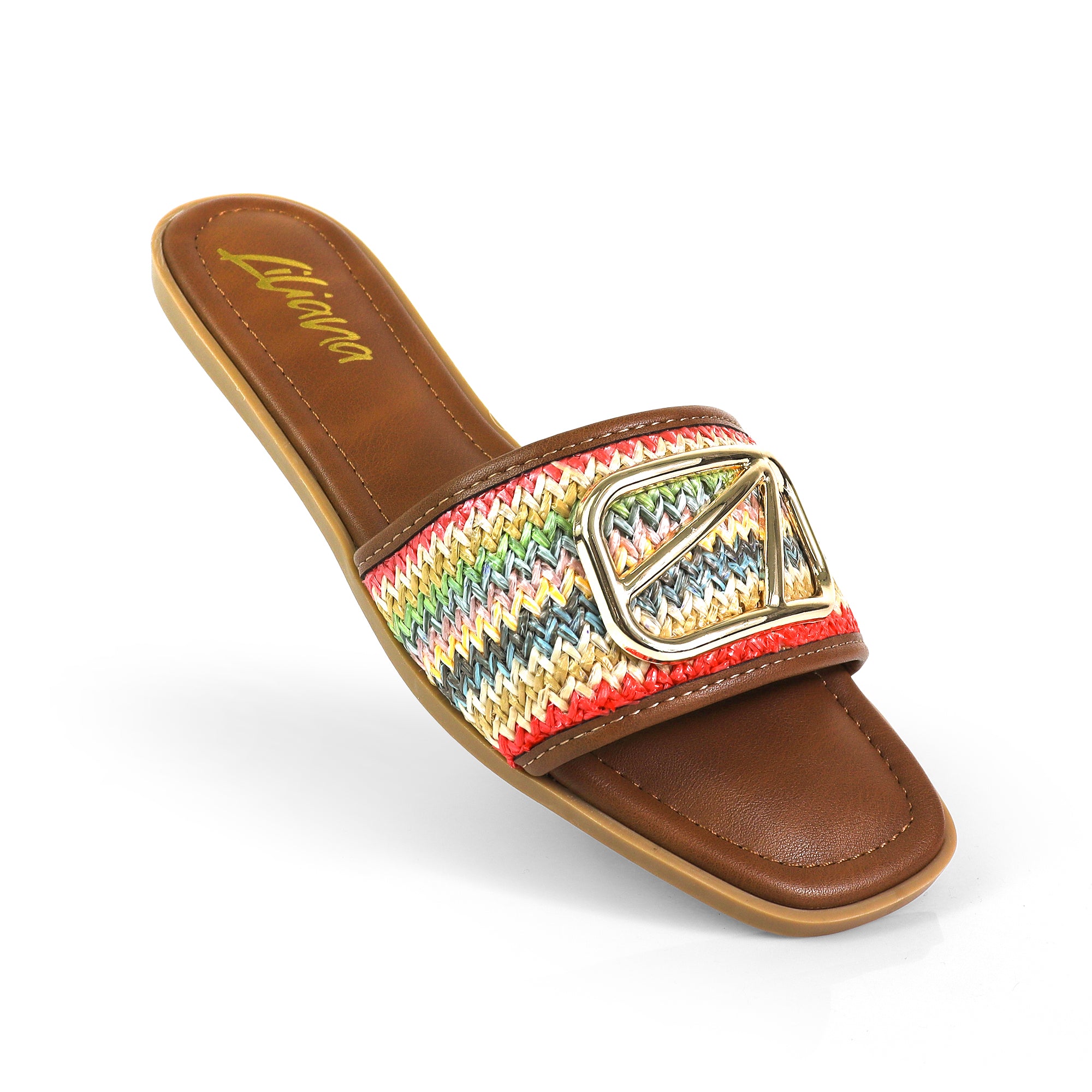 TIANA-2 RAFFIA BUCKLE SILDE BROWN MULTIPLE