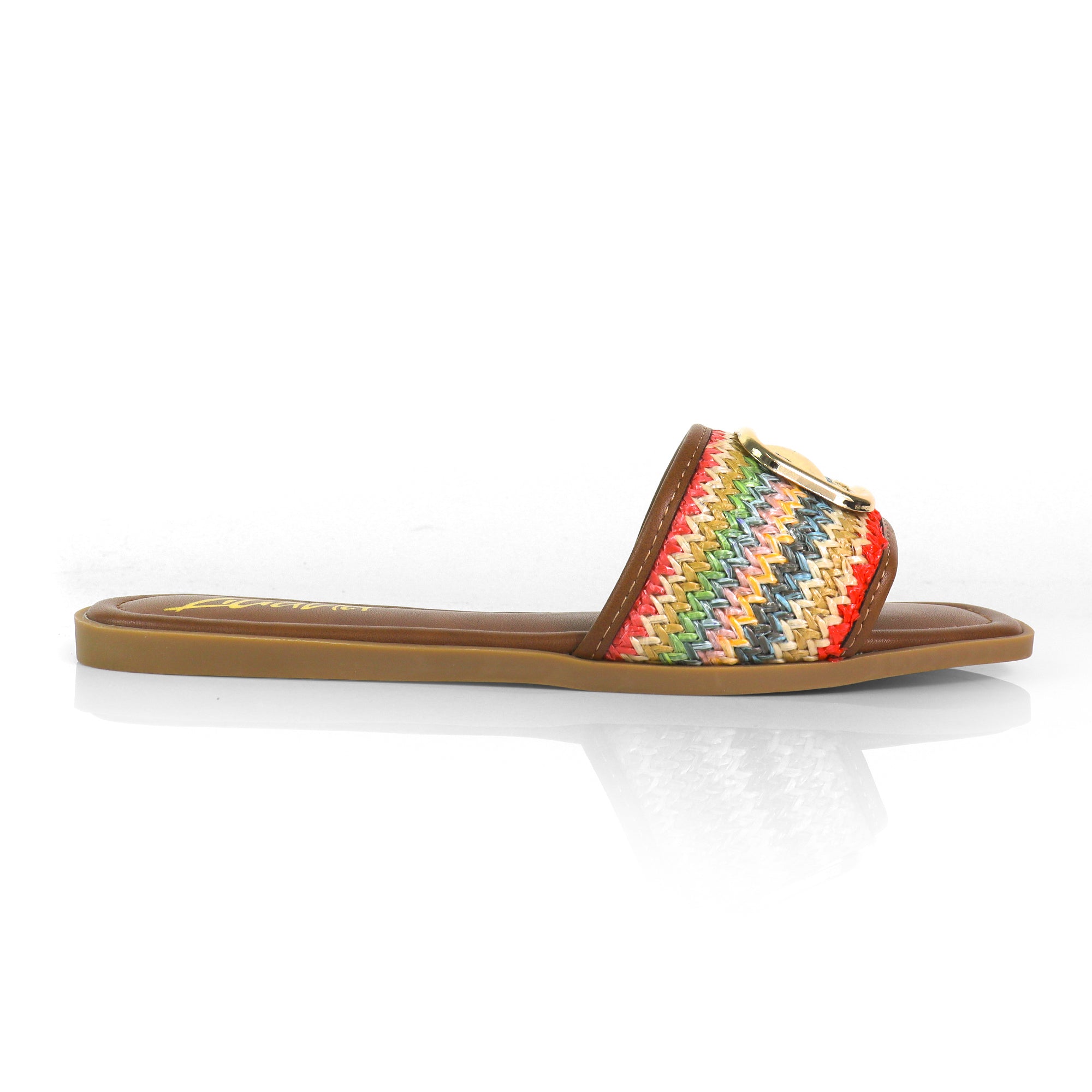 TIANA-2 RAFFIA BUCKLE SILDE BROWN MULTIPLE