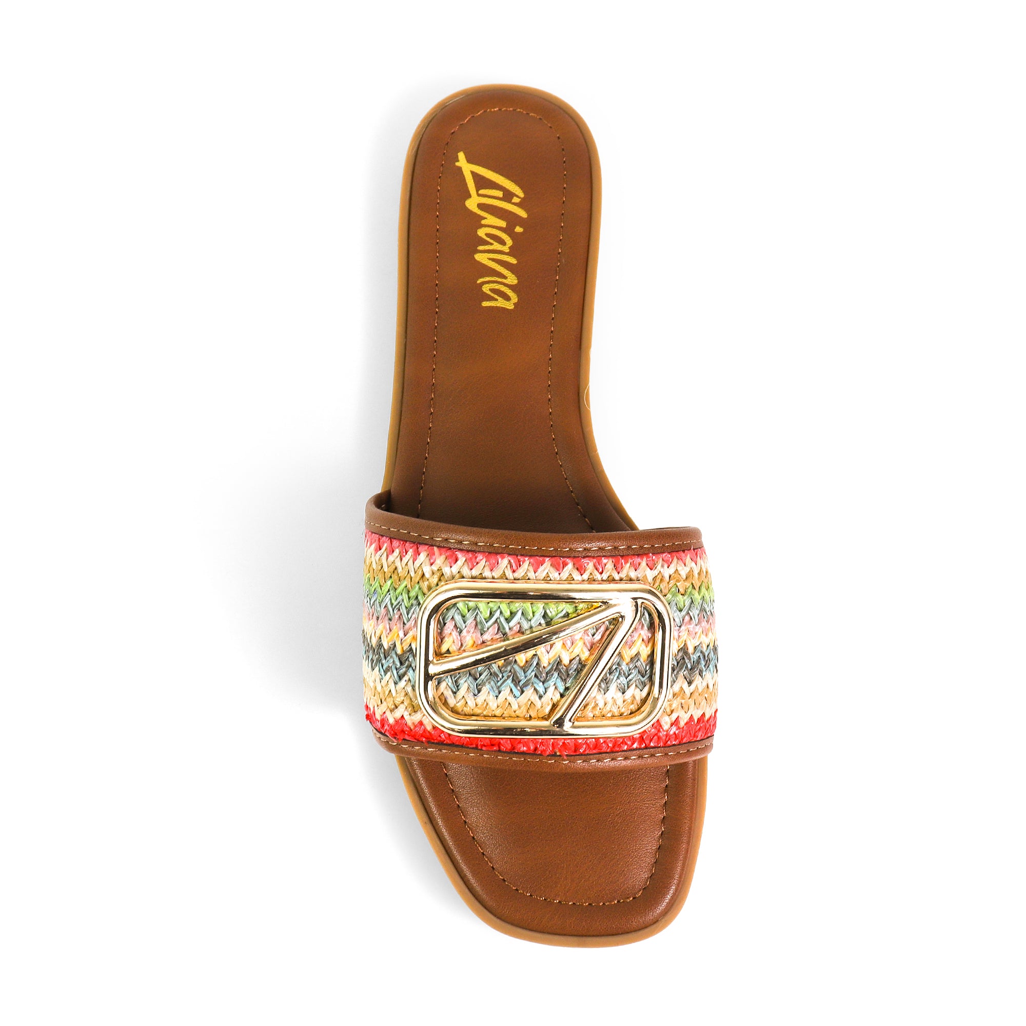 TIANA-2 RAFFIA BUCKLE SILDE BROWN MULTIPLE