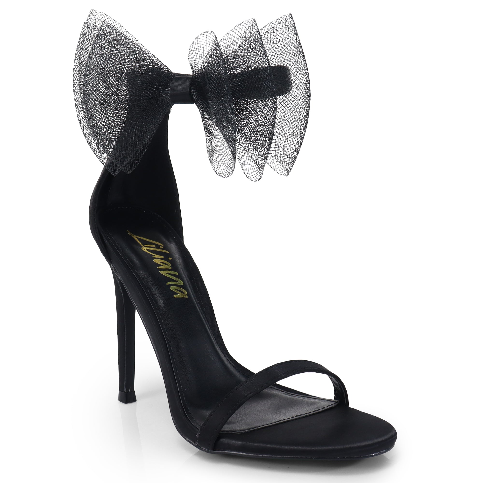 TISHA-132 ROUND TOE MESH BOW SANDAL STRAP HEEL W/ SINGLE SOLE BLACK