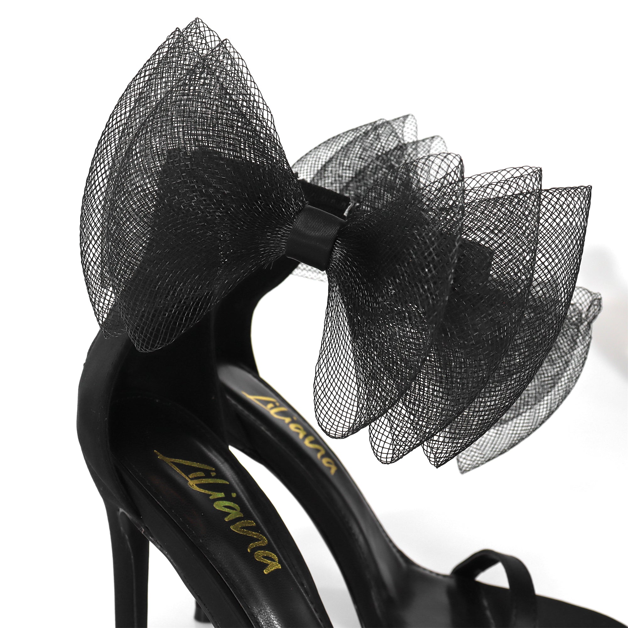 TISHA-132 ROUND TOE MESH BOW SANDAL STRAP HEEL W/ SINGLE SOLE BLACK