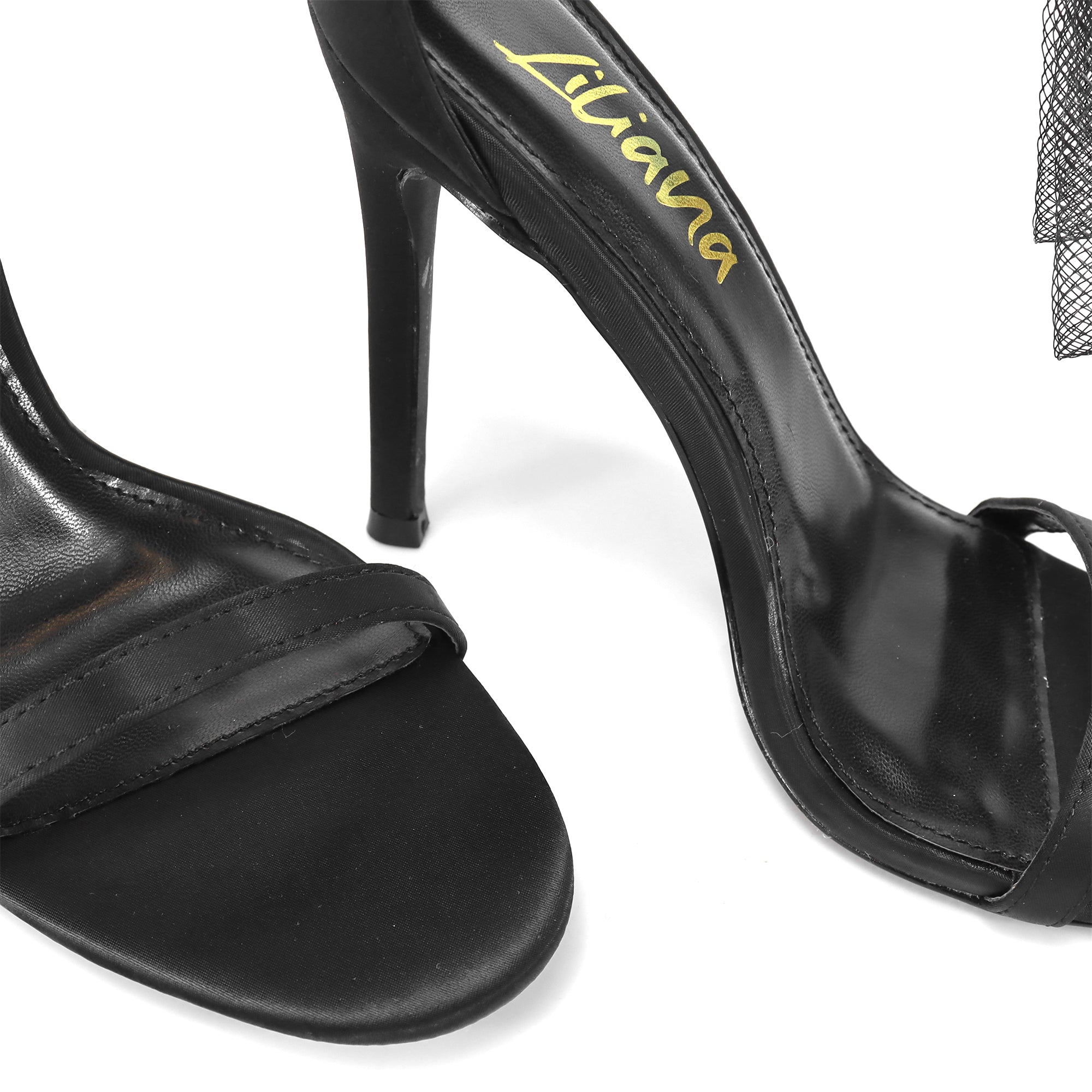 TISHA-132 ROUND TOE MESH BOW SANDAL STRAP HEEL W/ SINGLE SOLE BLACK