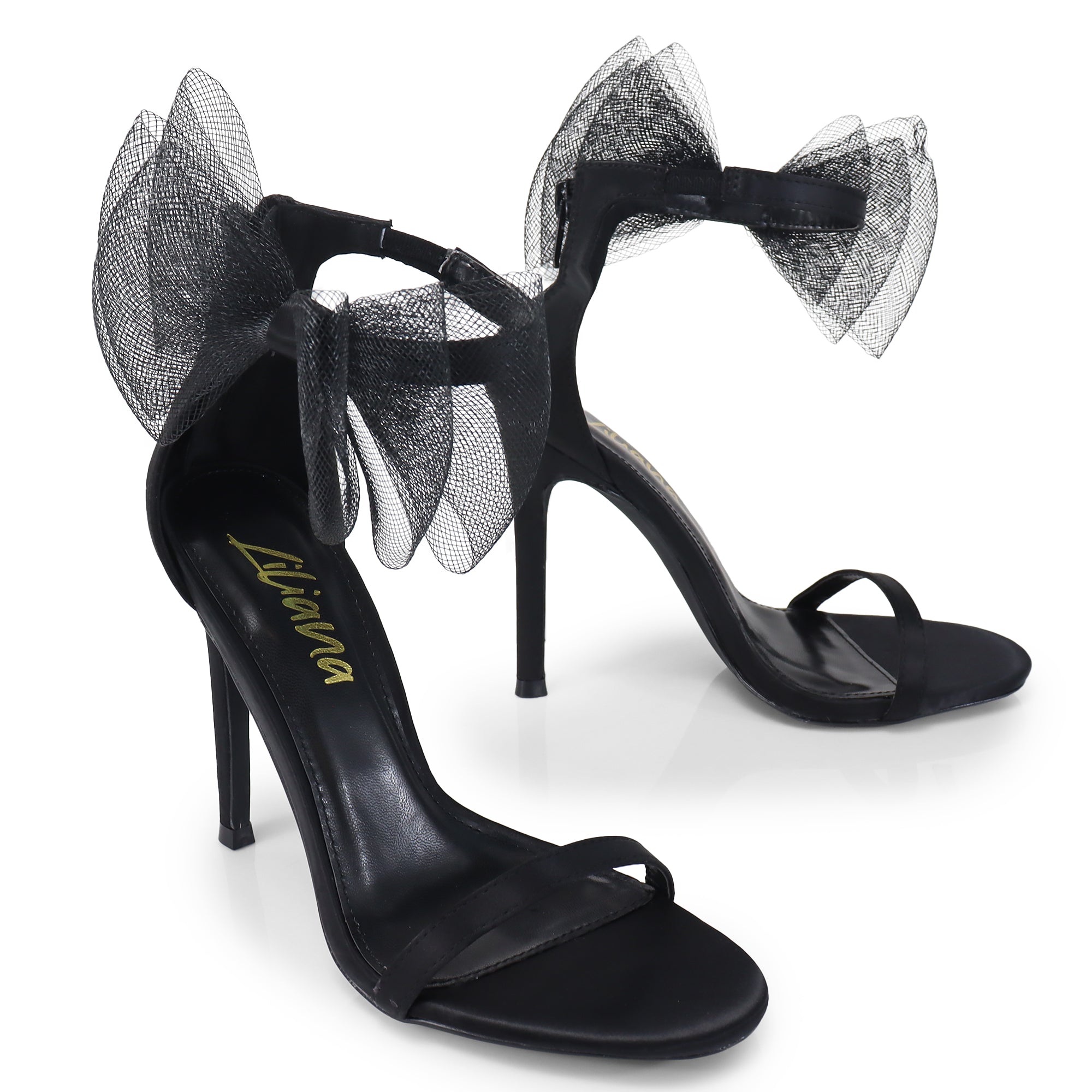 TISHA-132 ROUND TOE MESH BOW SANDAL STRAP HEEL W/ SINGLE SOLE BLACK
