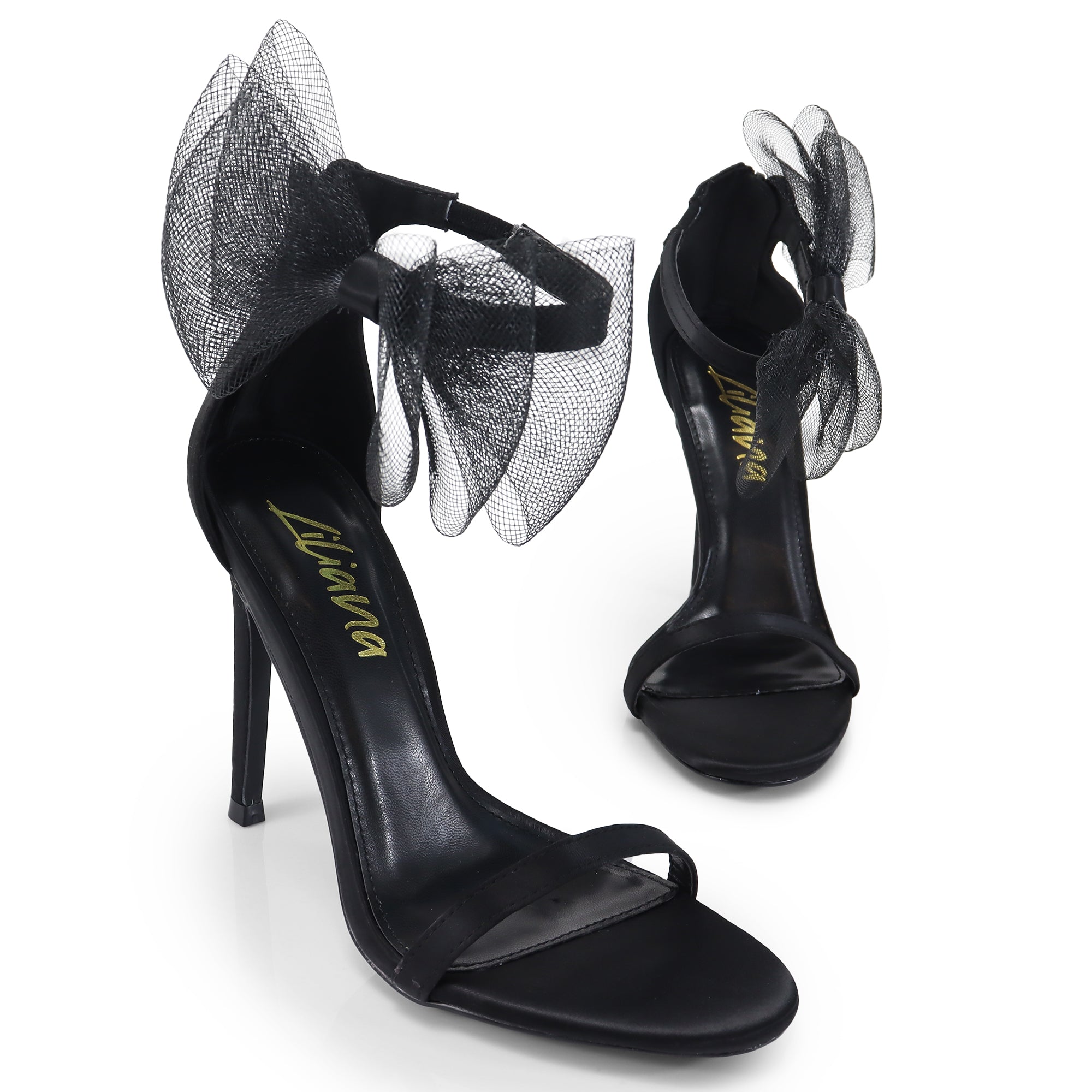 TISHA-132 ROUND TOE MESH BOW SANDAL STRAP HEEL W/ SINGLE SOLE BLACK
