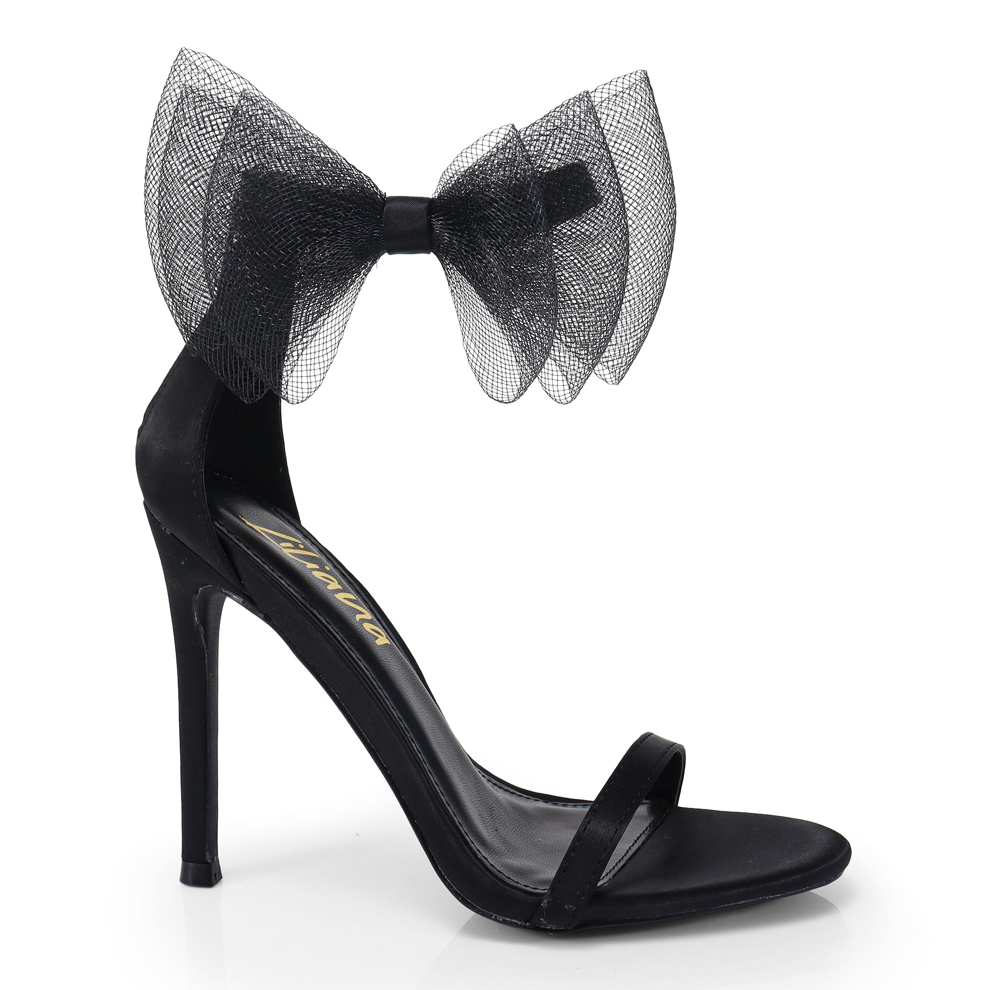 TISHA-132 ROUND TOE MESH BOW SANDAL STRAP HEEL W/ SINGLE SOLE BLACK