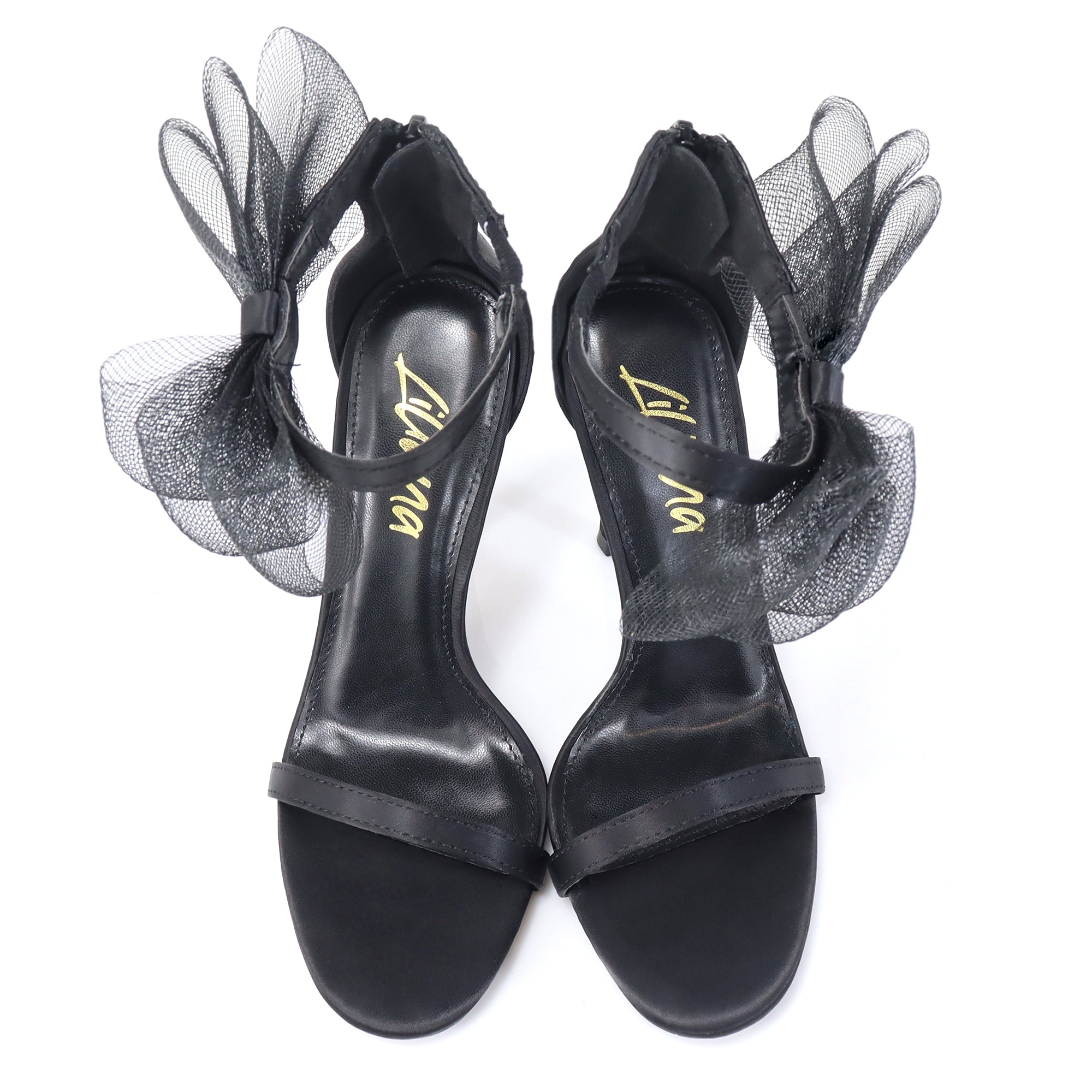 TISHA-132 ROUND TOE MESH BOW SANDAL STRAP HEEL W/ SINGLE SOLE BLACK
