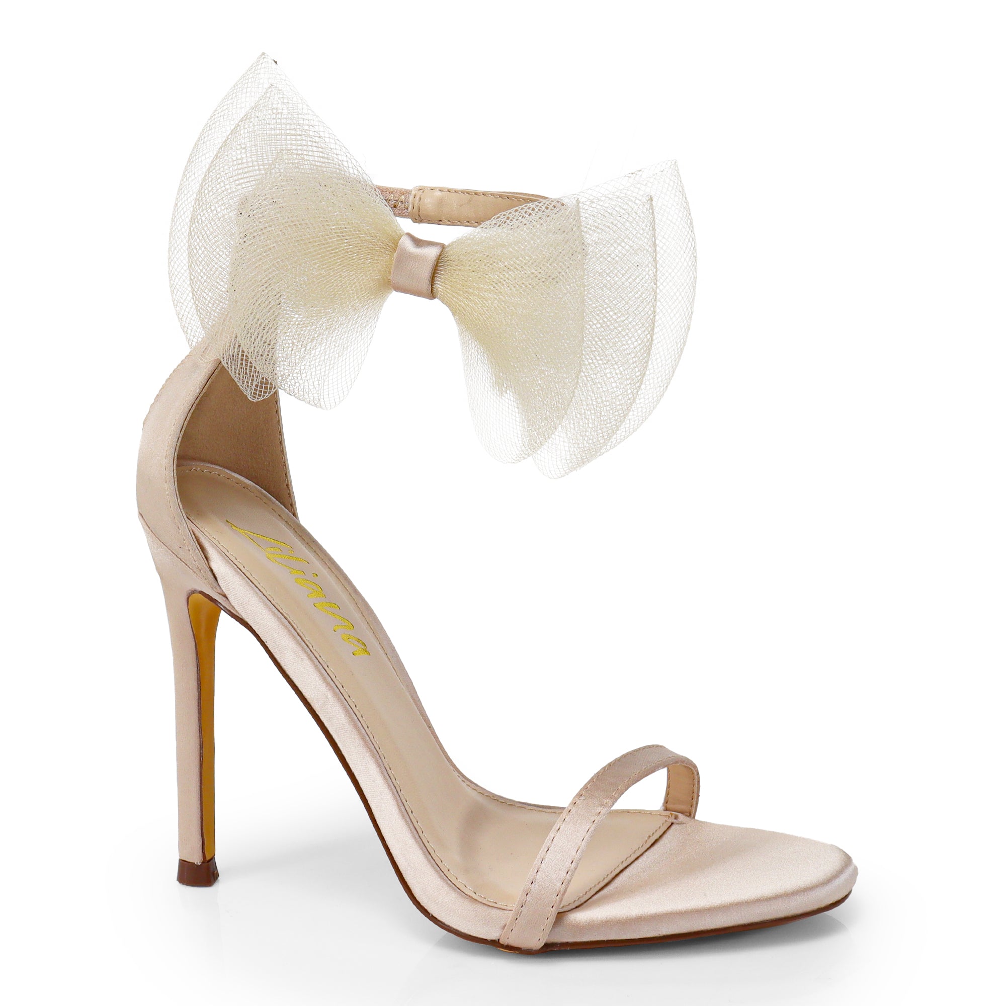 TISHA-132 ROUND TOE MESH BOW SANDAL STRAP HEEL W/ SINGLE SOLE CHAMPAGNE