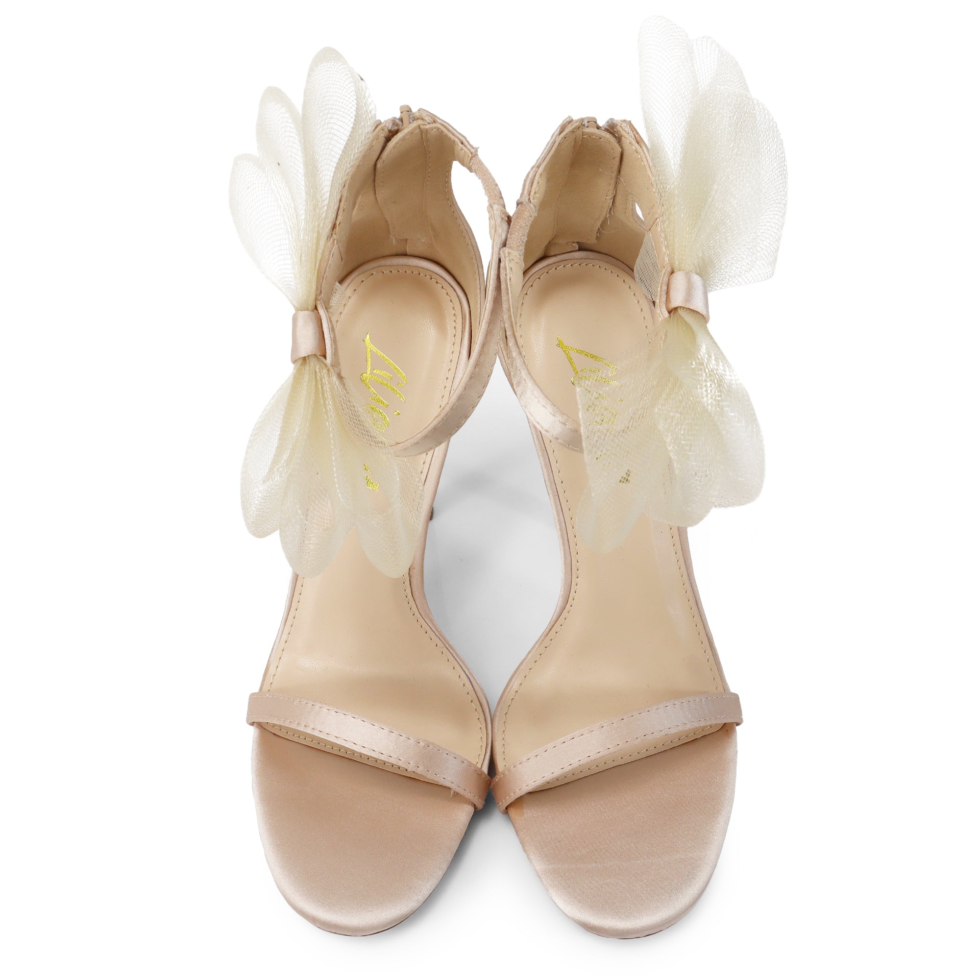 TISHA-132 ROUND TOE MESH BOW SANDAL STRAP HEEL W/ SINGLE SOLE CHAMPAGNE