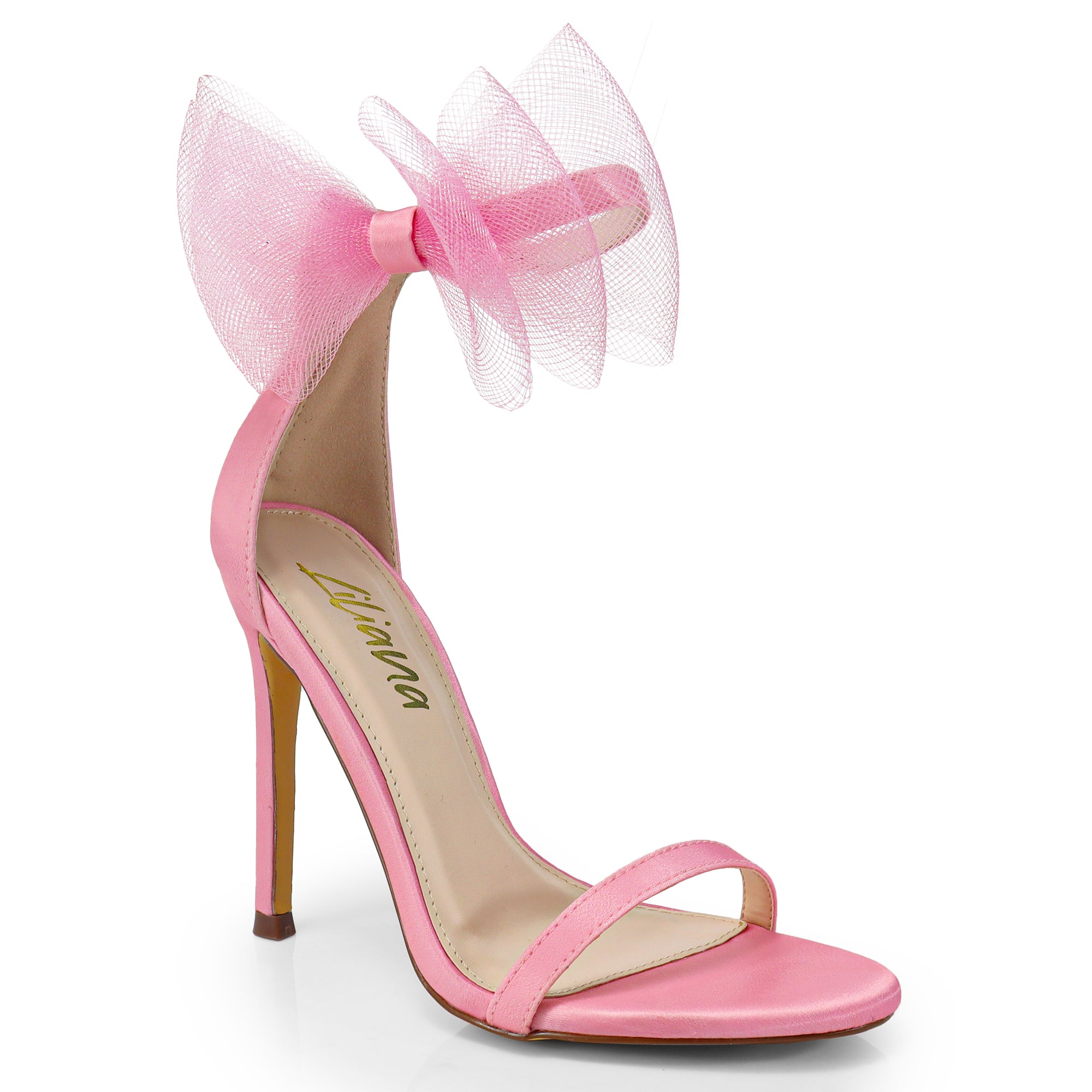 TISHA-132 ROUND TOE MESH BOW SANDAL STRAP HEEL W/ SINGLE SOLE PINK