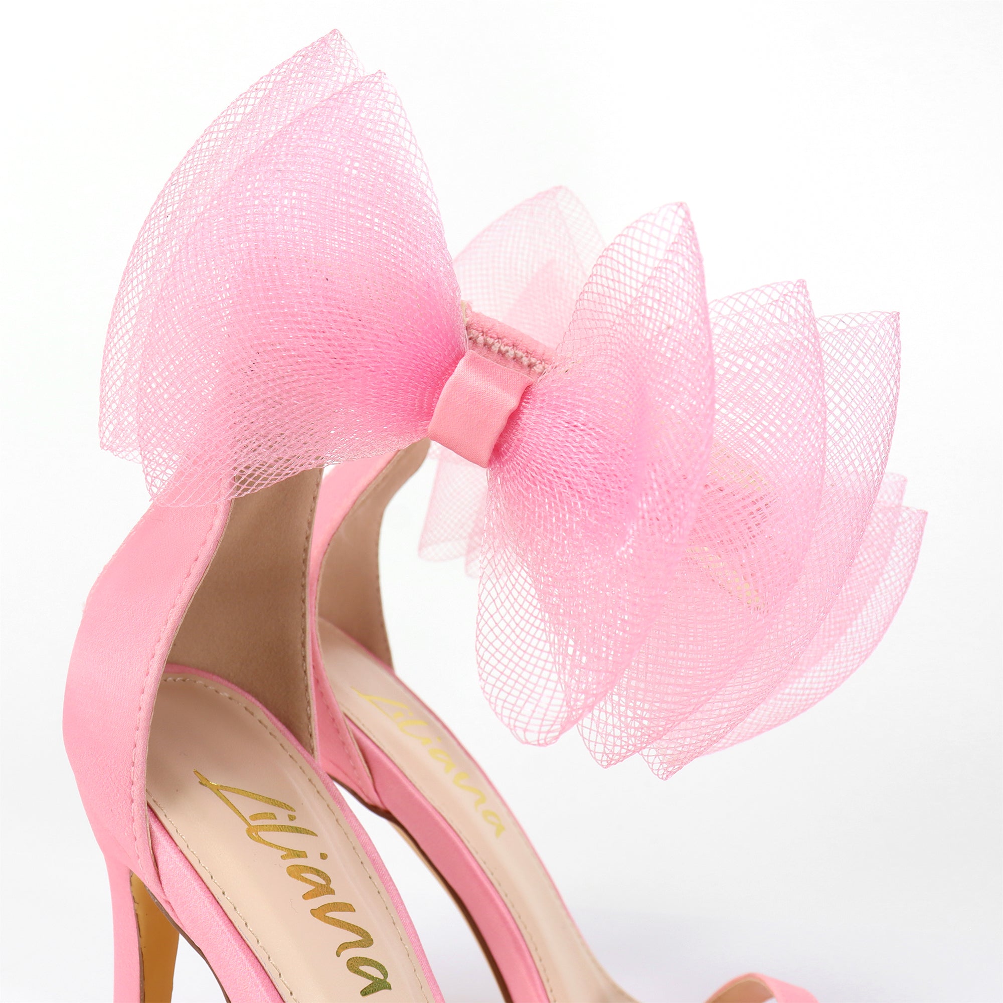 TISHA-132 ROUND TOE MESH BOW SANDAL STRAP HEEL W/ SINGLE SOLE PINK
