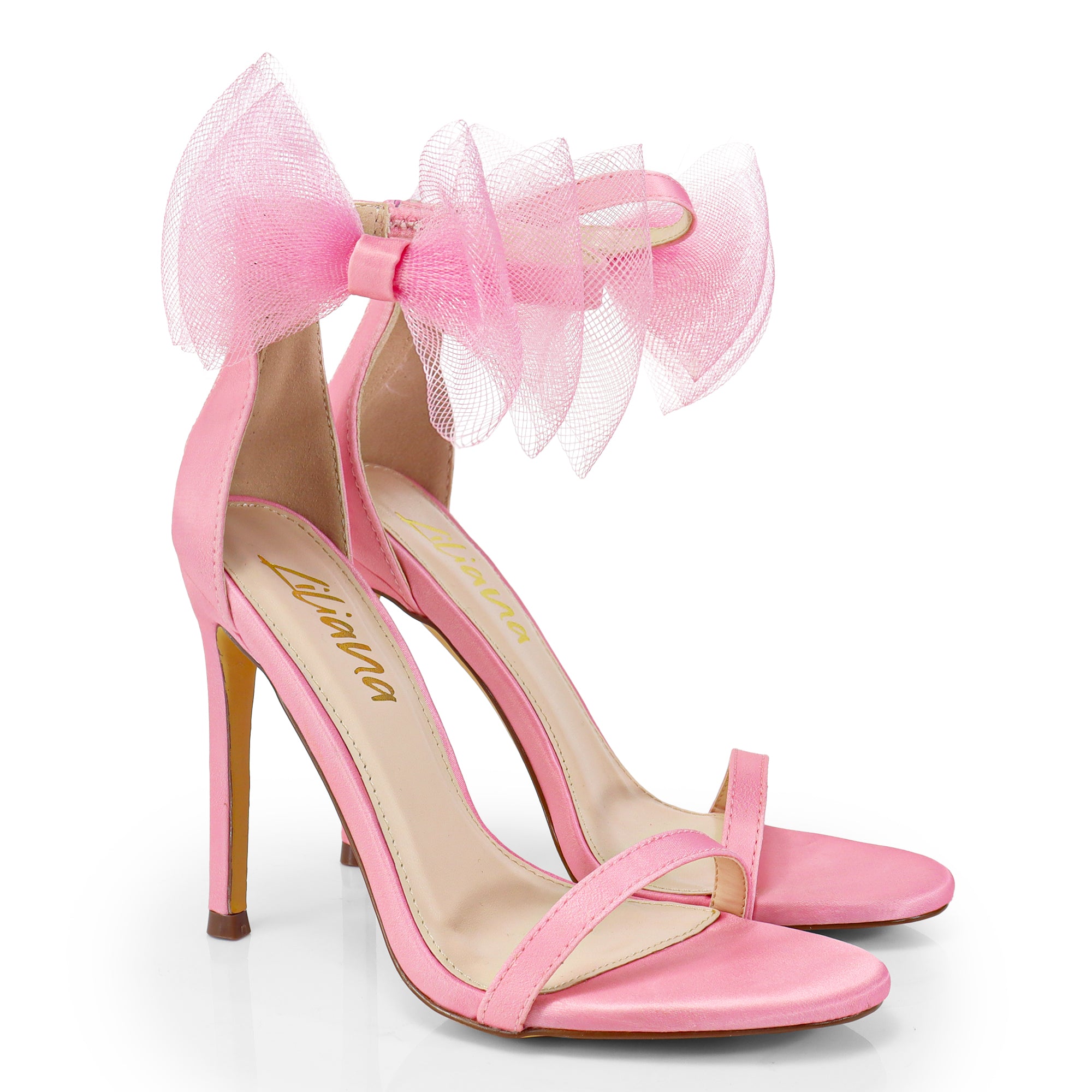 TISHA-132 ROUND TOE MESH BOW SANDAL STRAP HEEL W/ SINGLE SOLE PINK