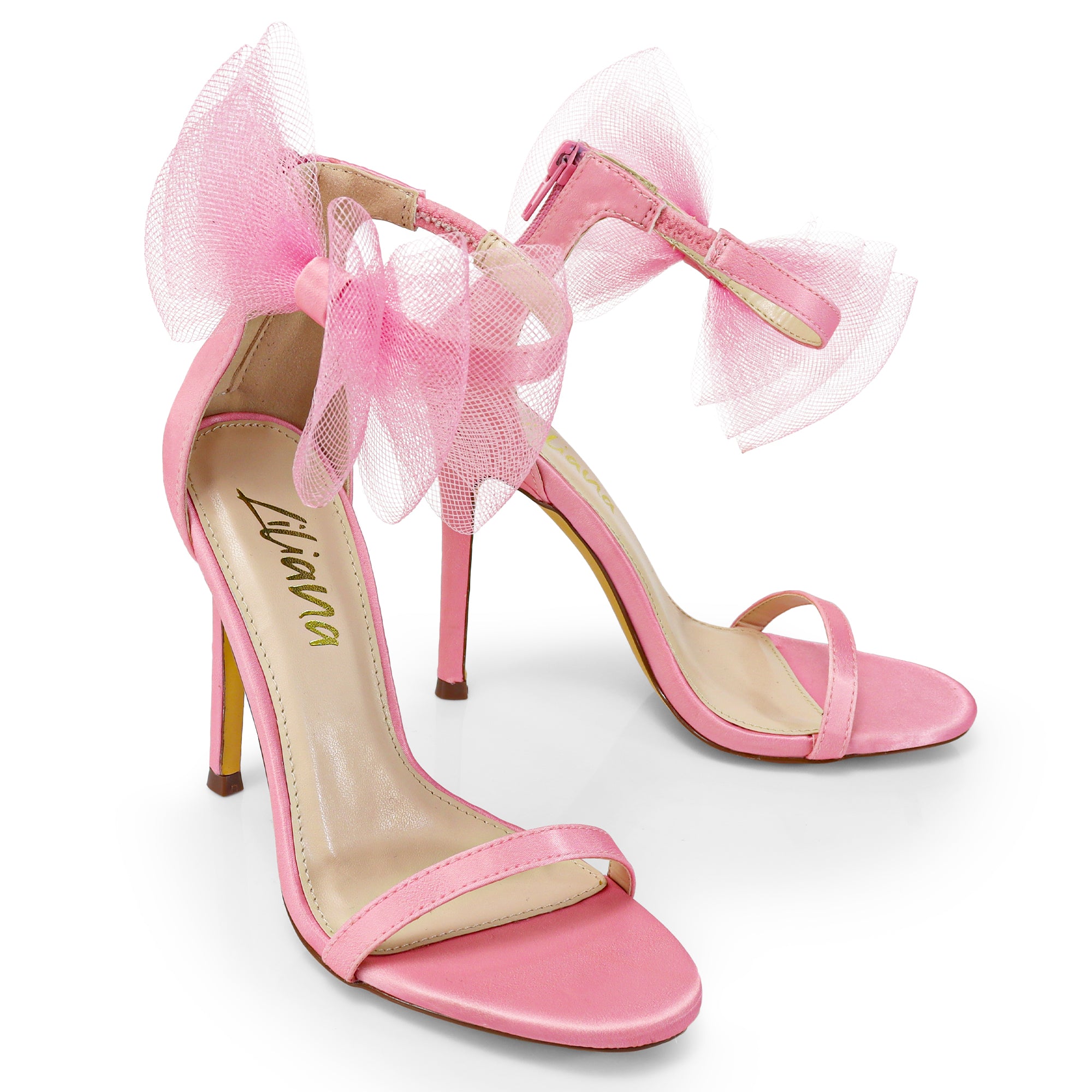 TISHA-132 ROUND TOE MESH BOW SANDAL STRAP HEEL W/ SINGLE SOLE PINK