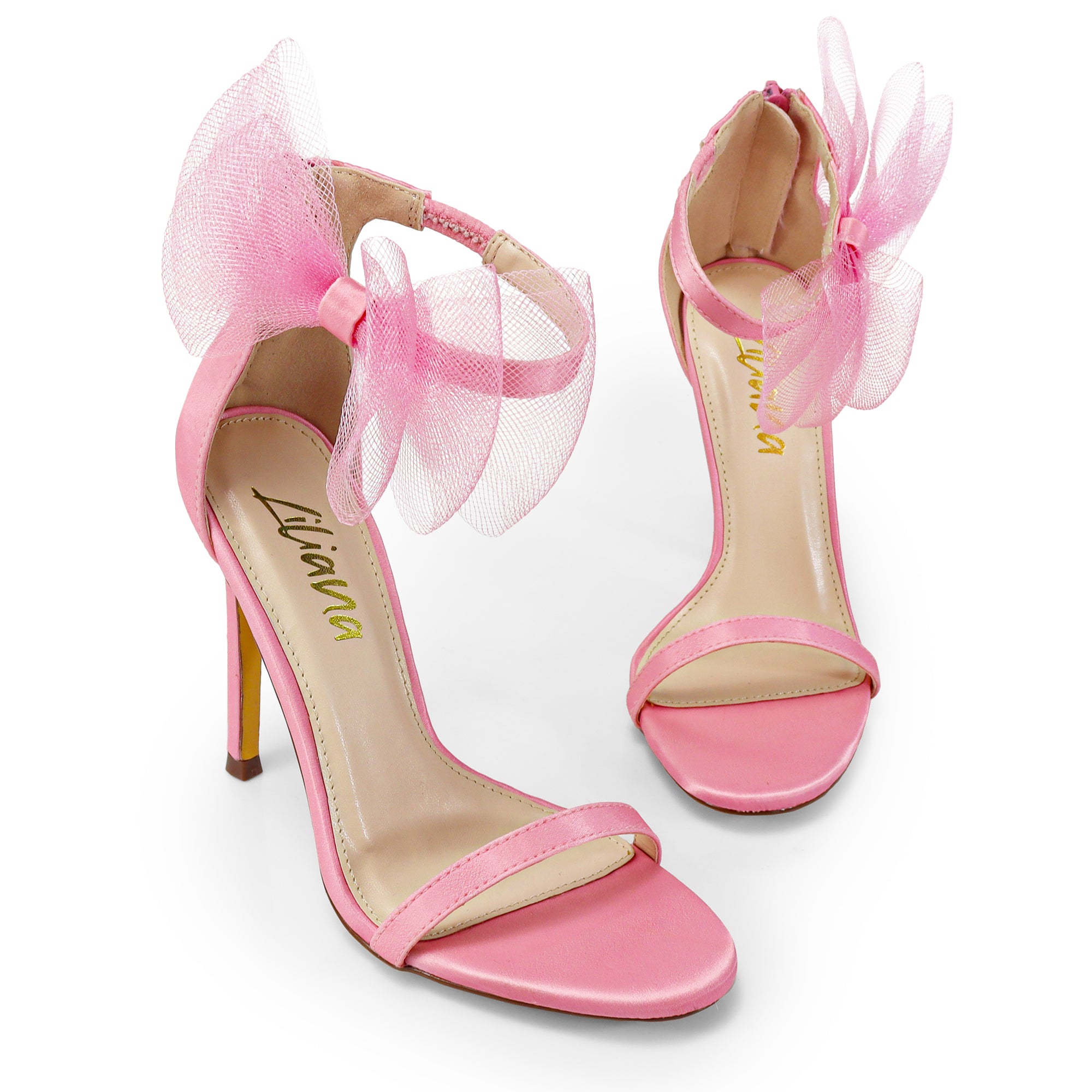 TISHA-132 ROUND TOE MESH BOW SANDAL STRAP HEEL W/ SINGLE SOLE PINK