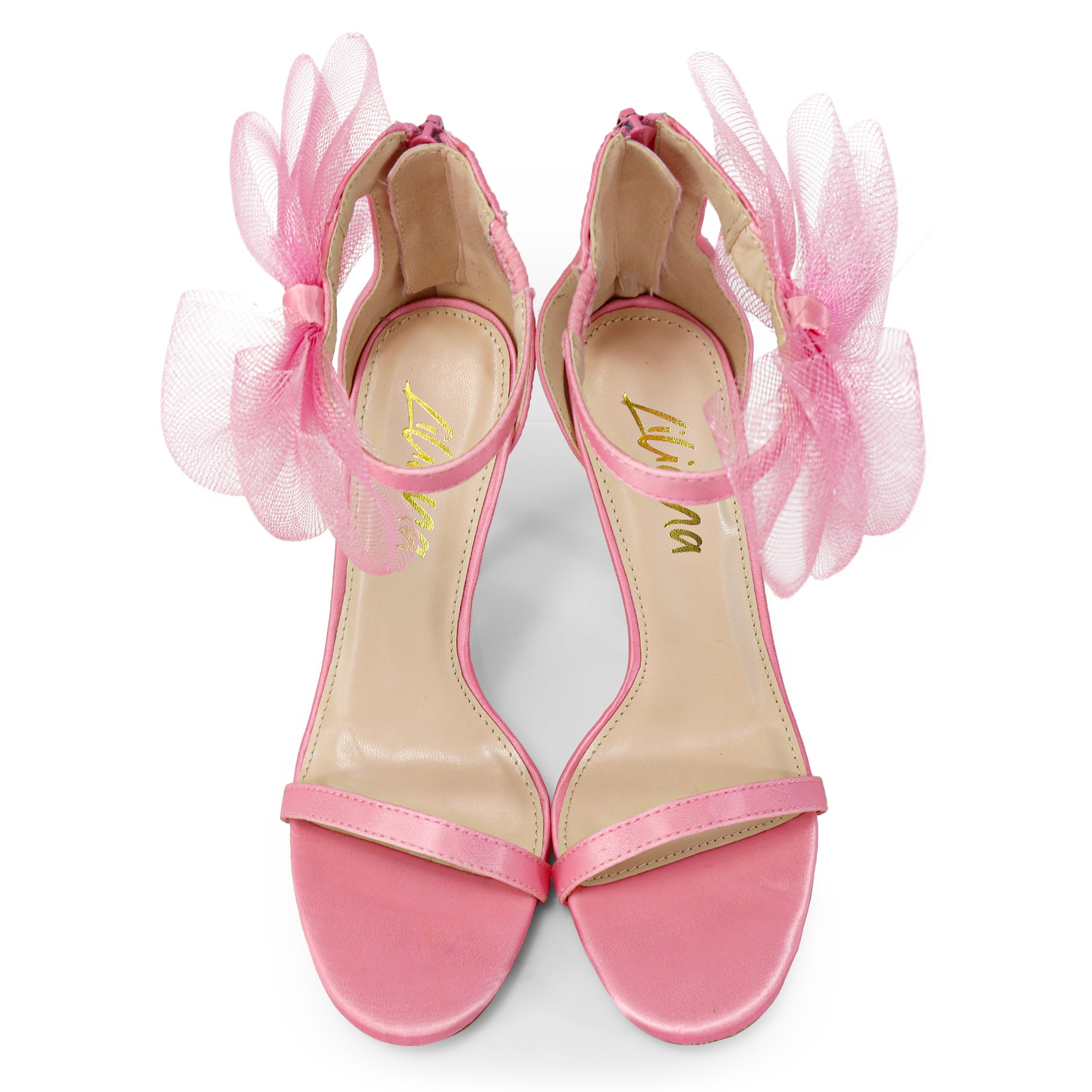 TISHA-132 ROUND TOE MESH BOW SANDAL STRAP HEEL W/ SINGLE SOLE PINK