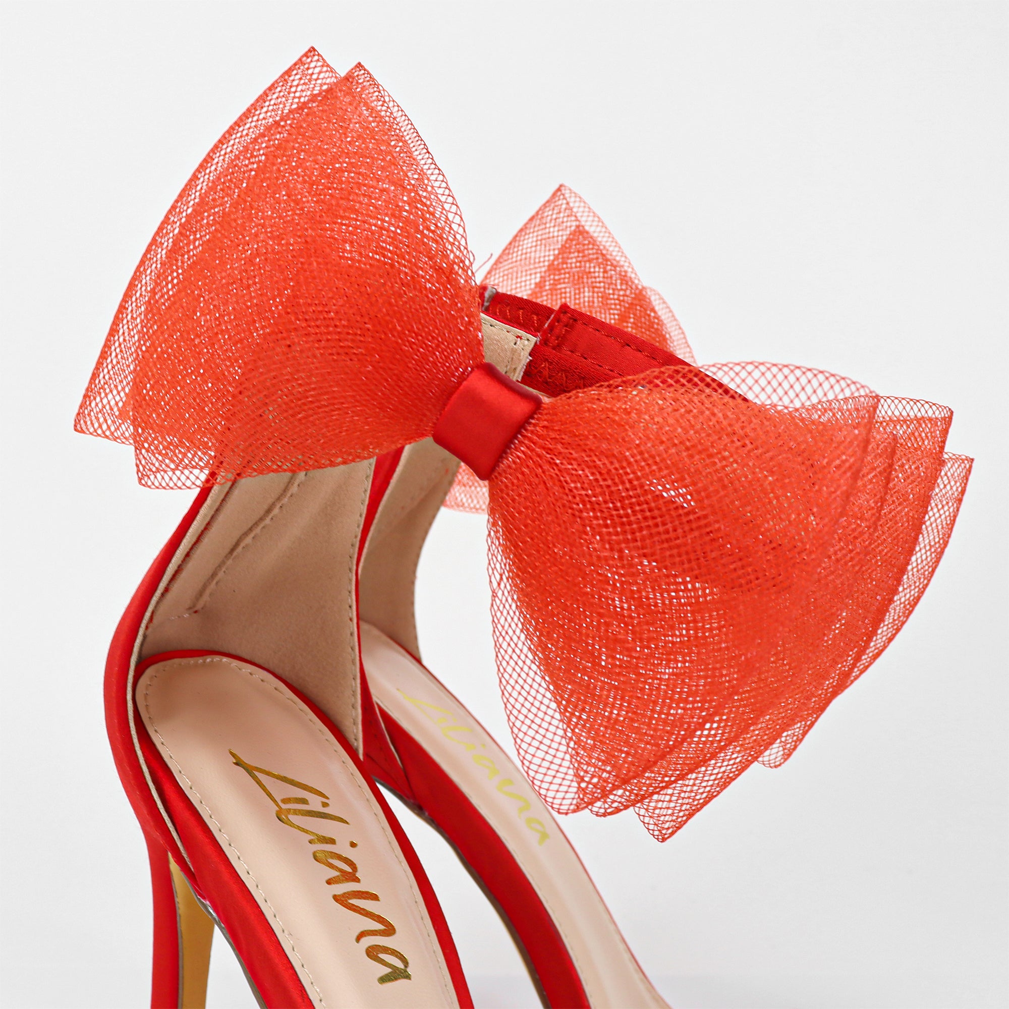 TISHA-132 ROUND TOE MESH BOW SANDAL STRAP HEEL W/ SINGLE SOLE RED