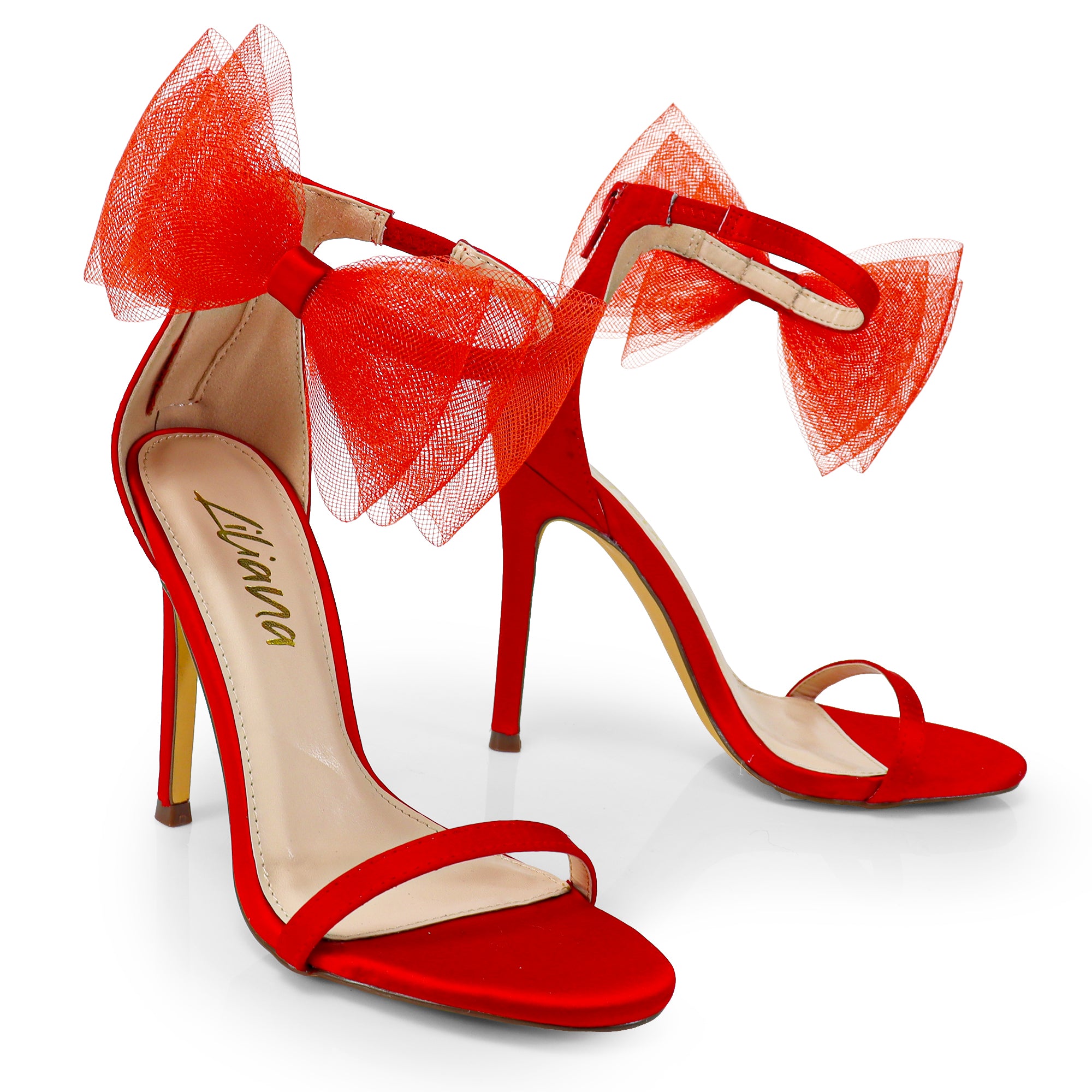 TISHA-132 ROUND TOE MESH BOW SANDAL STRAP HEEL W/ SINGLE SOLE RED