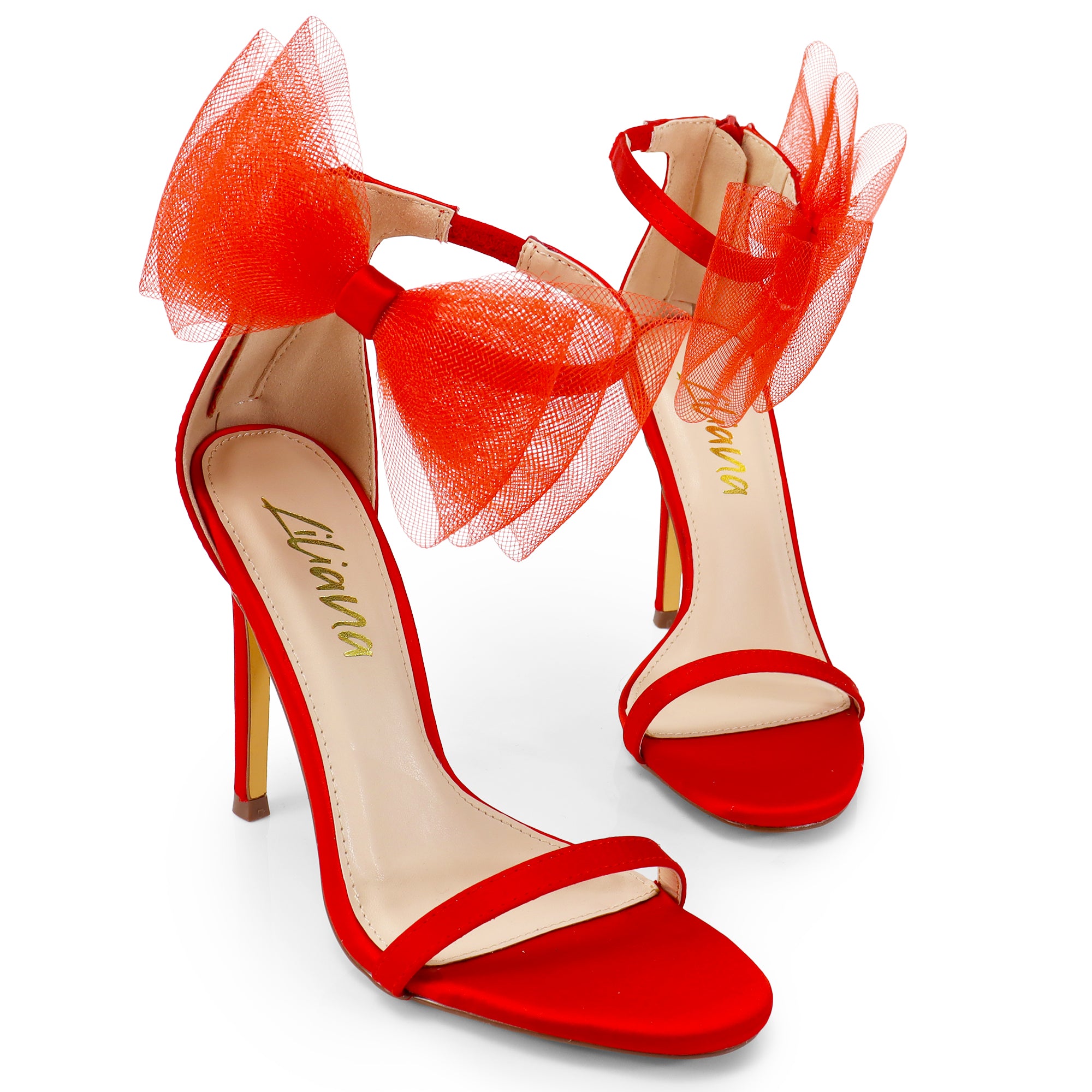 TISHA-132 ROUND TOE MESH BOW SANDAL STRAP HEEL W/ SINGLE SOLE RED