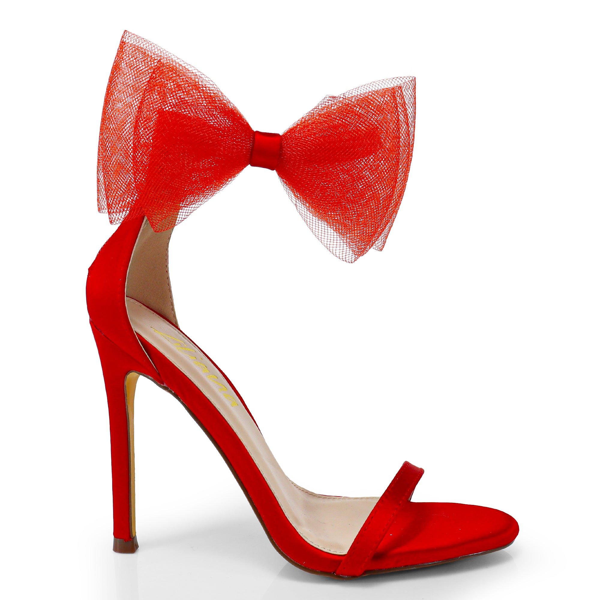 TISHA-132 ROUND TOE MESH BOW SANDAL STRAP HEEL W/ SINGLE SOLE RED