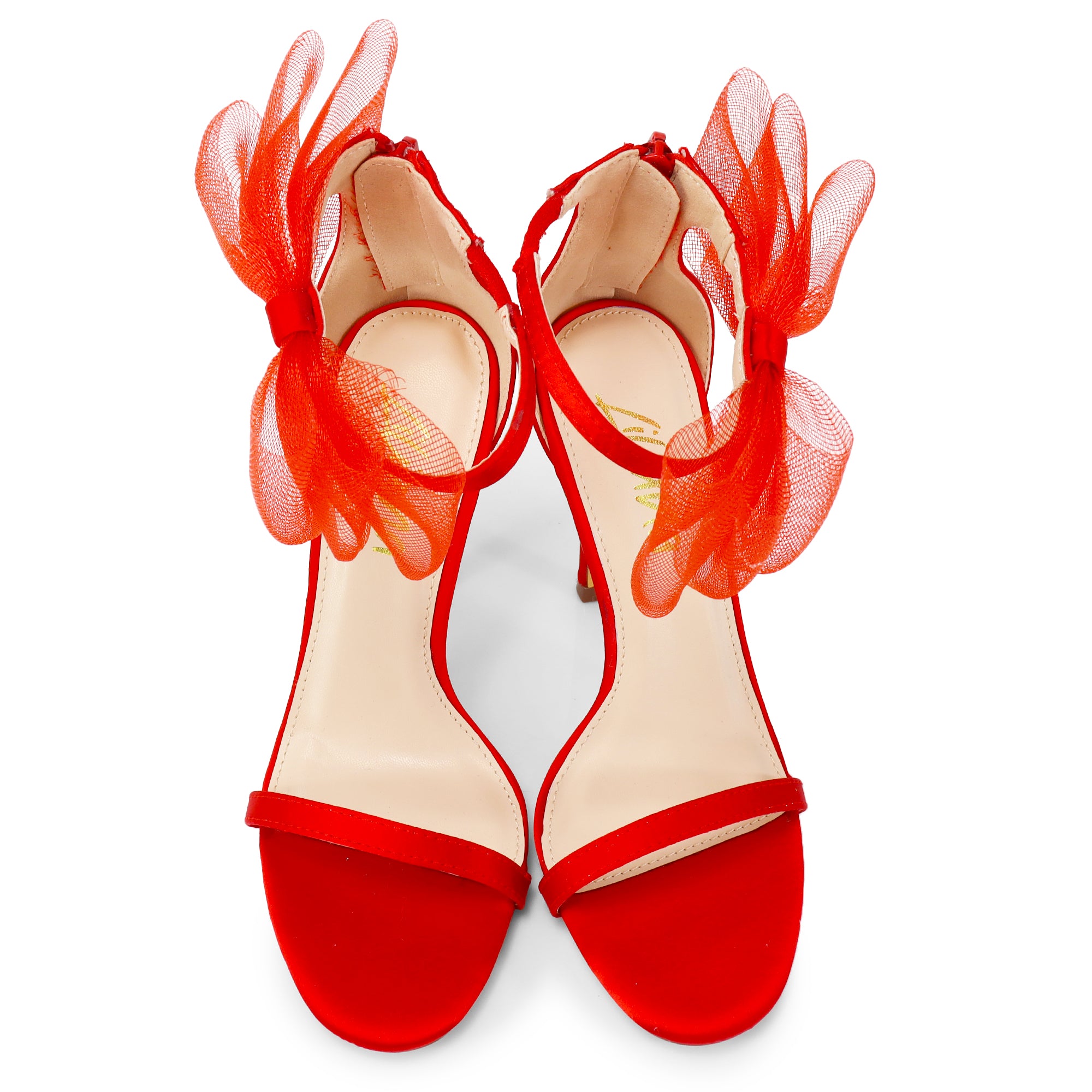 TISHA-132 ROUND TOE MESH BOW SANDAL STRAP HEEL W/ SINGLE SOLE RED