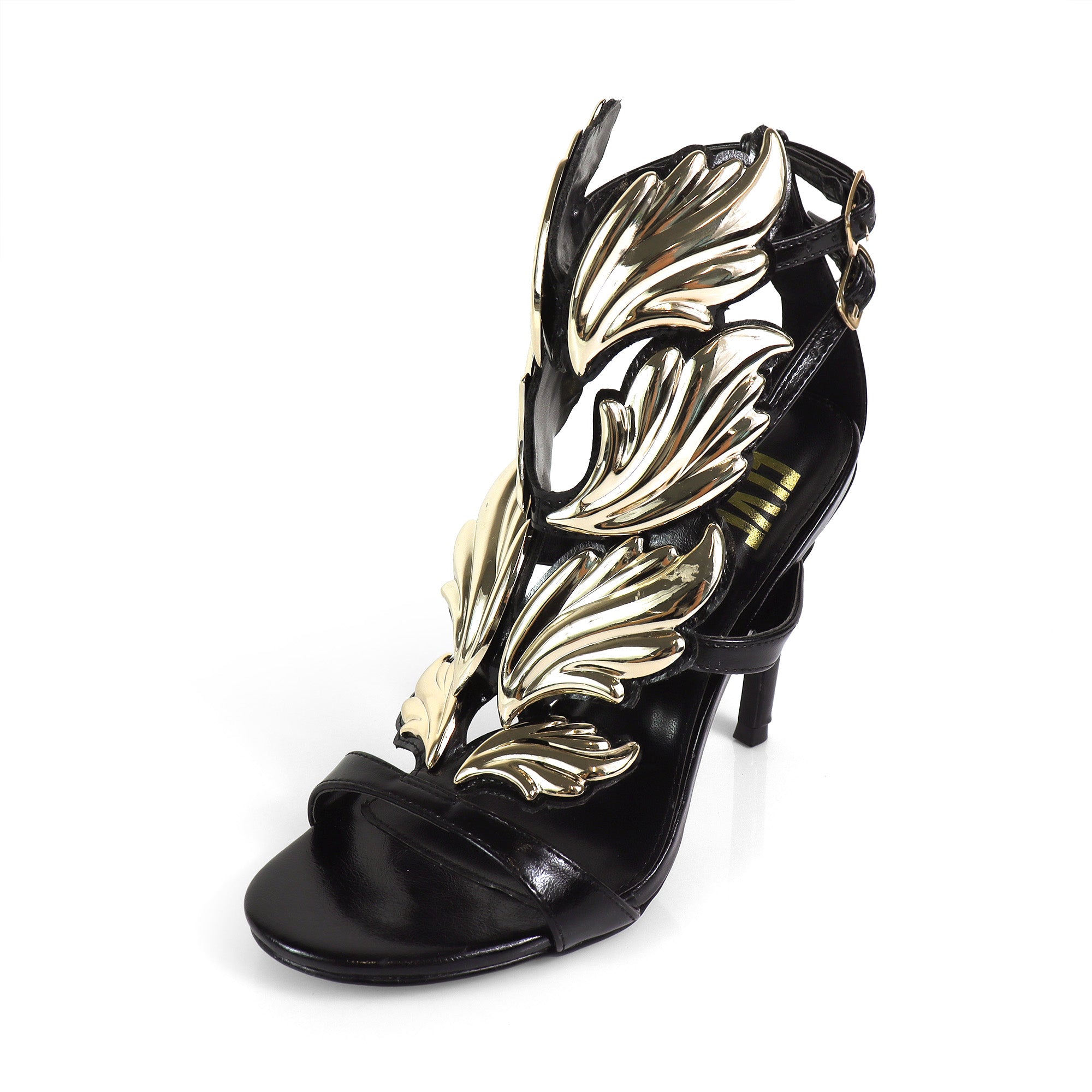 TISHA-151 HEEL WITH WING DESIGN BLACK/GOLD