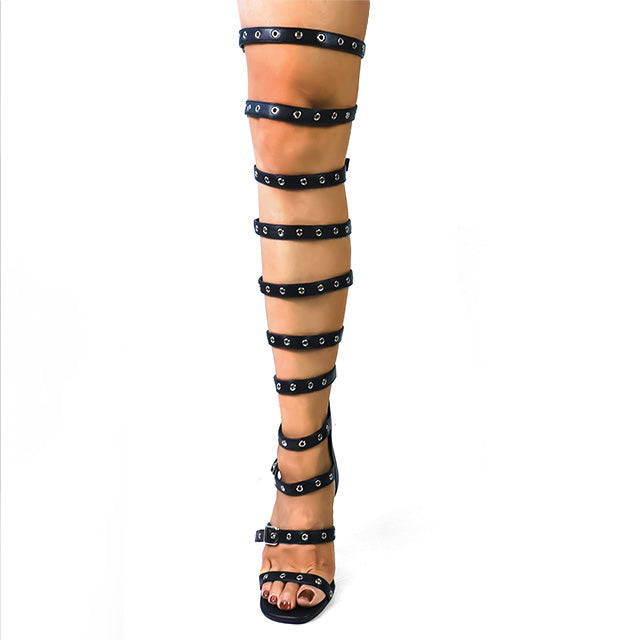 TOPLINE-1 GLADIATOR BUCKLE THIGH HIGH HEEL BLACK