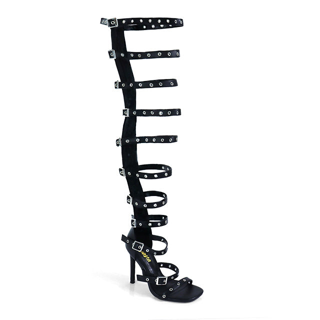 TOPLINE-1 GLADIATOR BUCKLE THIGH HIGH HEEL BLACK