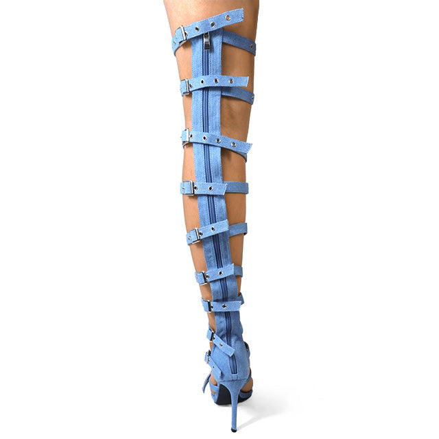 TOPLINE-1 GLADIATOR BUCKLE THIGH HIGH HEEL DENIM