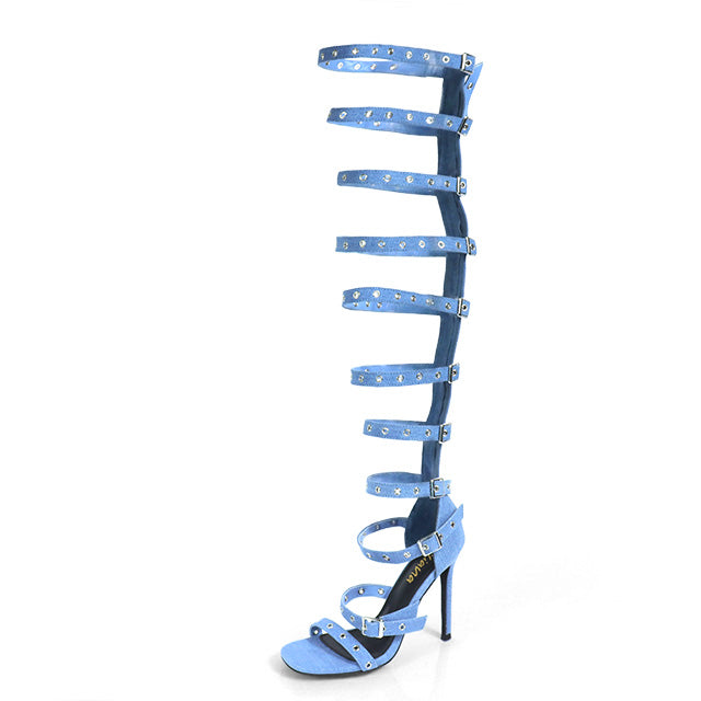 TOPLINE-1 GLADIATOR BUCKLE THIGH HIGH HEEL DENIM