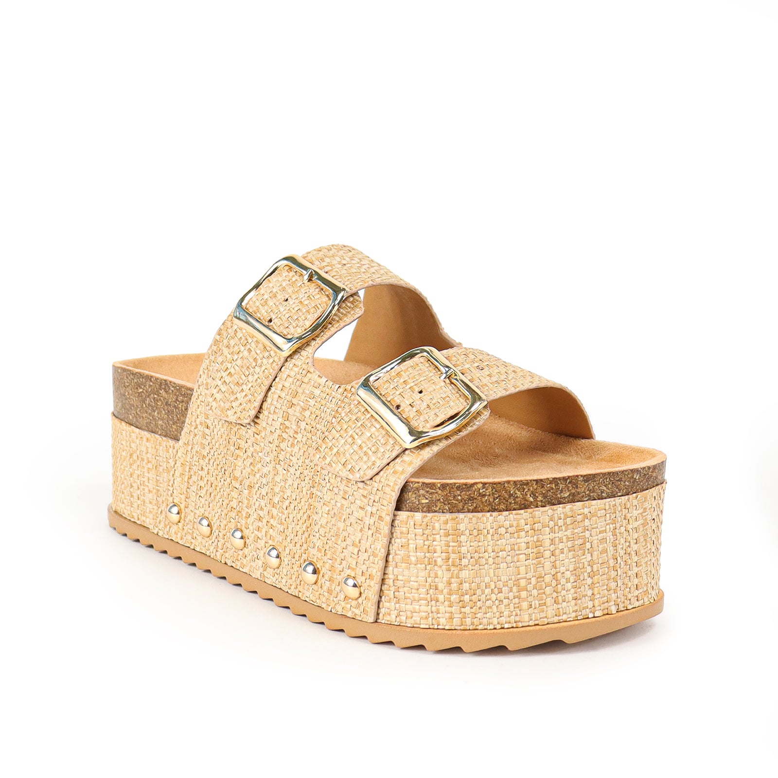 TOYA-3 DUO BUCKLE THICK PLATFORM SANDAL RAFFIA