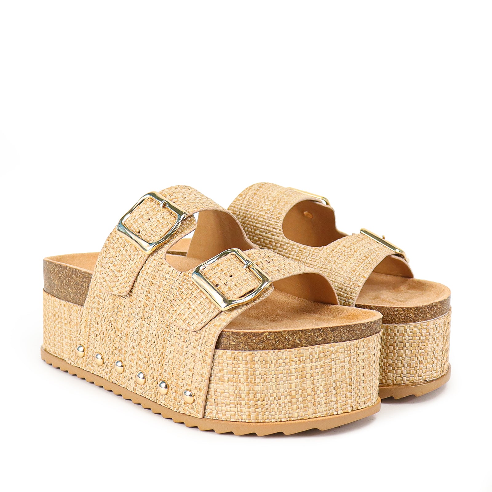 TOYA-3 DUO BUCKLE THICK PLATFORM SANDAL RAFFIA