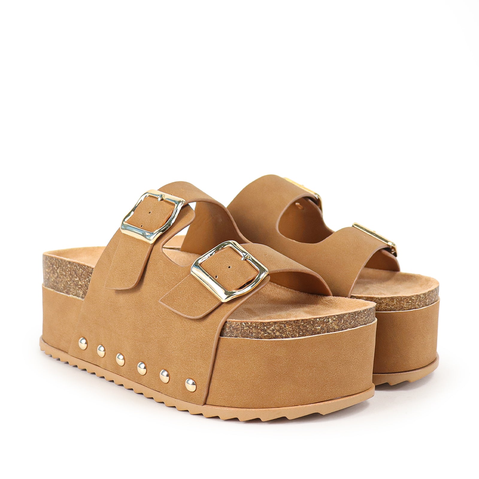 TOYA-3 DUO BUCKLE THICK PLATFORM SANDAL TAN