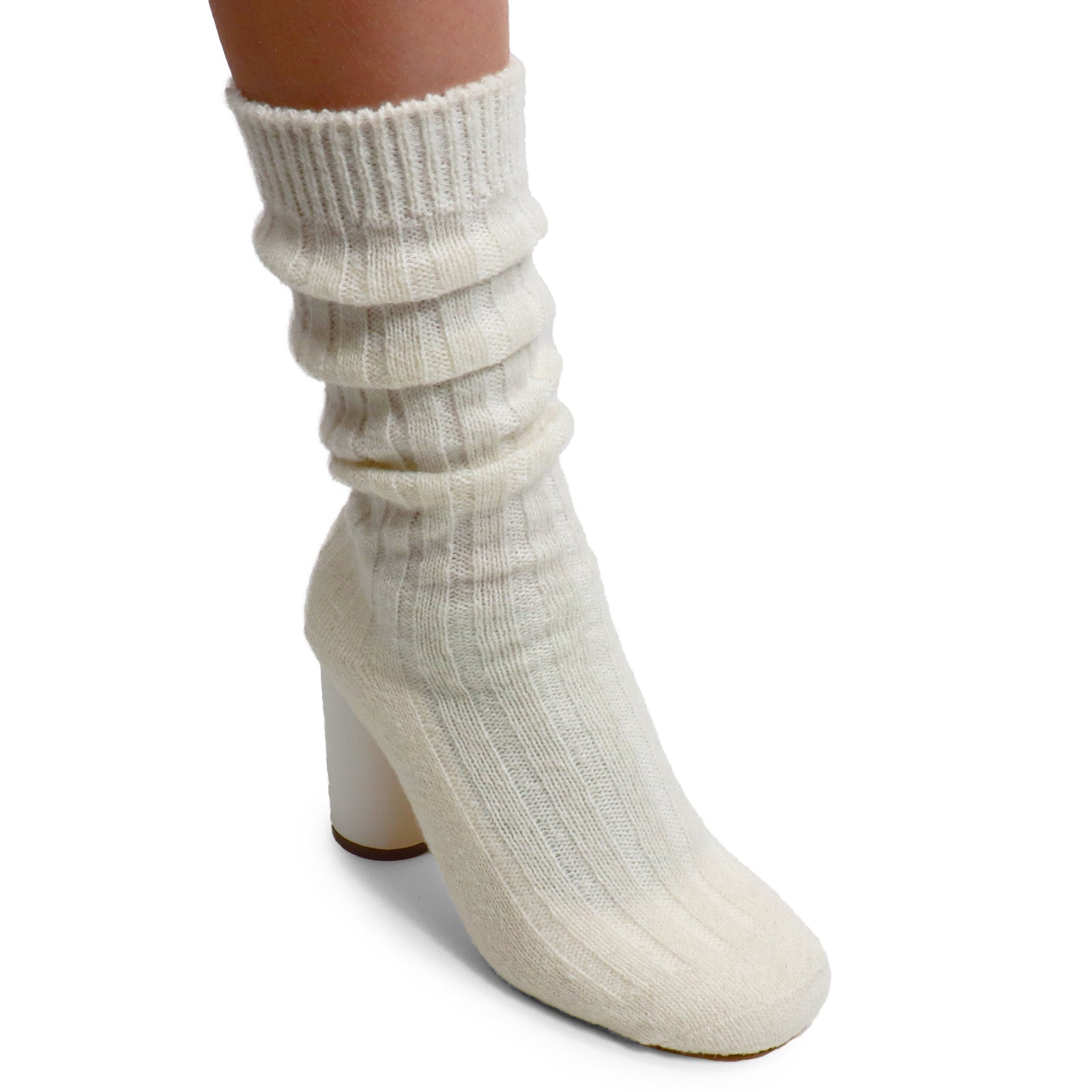 VERNEY-1 WOOL SOCK ANKLE BOOTIE W/ CYLINDER HEEL OFF WHITE