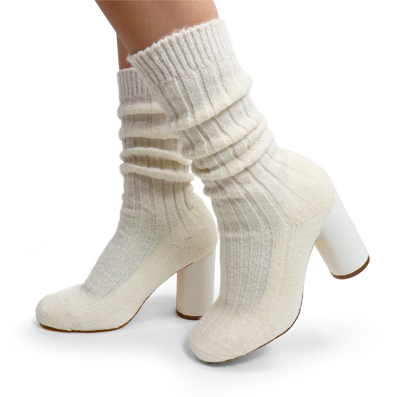 VERNEY-1 WOOL SOCK ANKLE BOOTIE W/ CYLINDER HEEL OFF WHITE