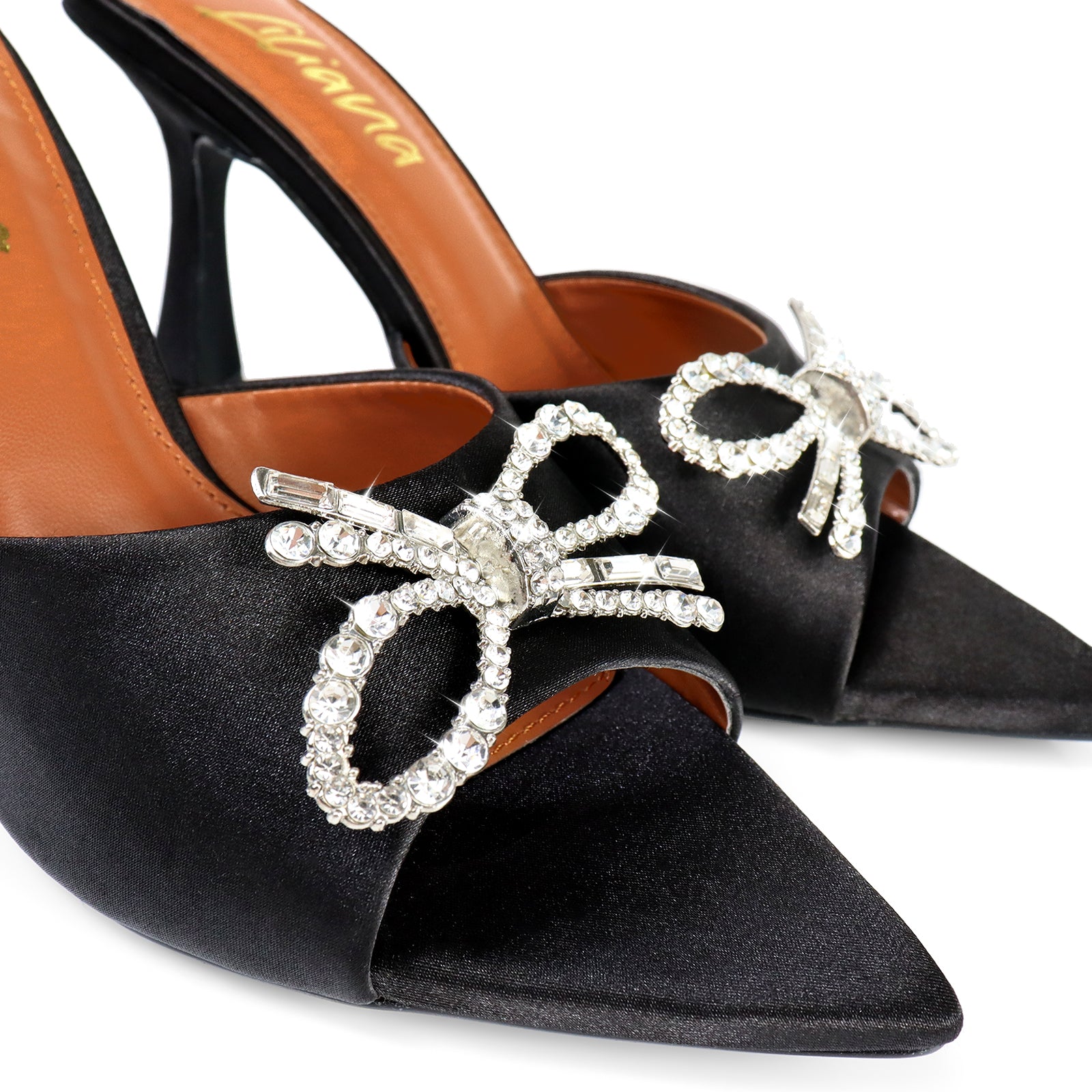 VIORI-1 POINTED TOE RHINESTONE KNOT W/ SPOOL HEEL BLACK