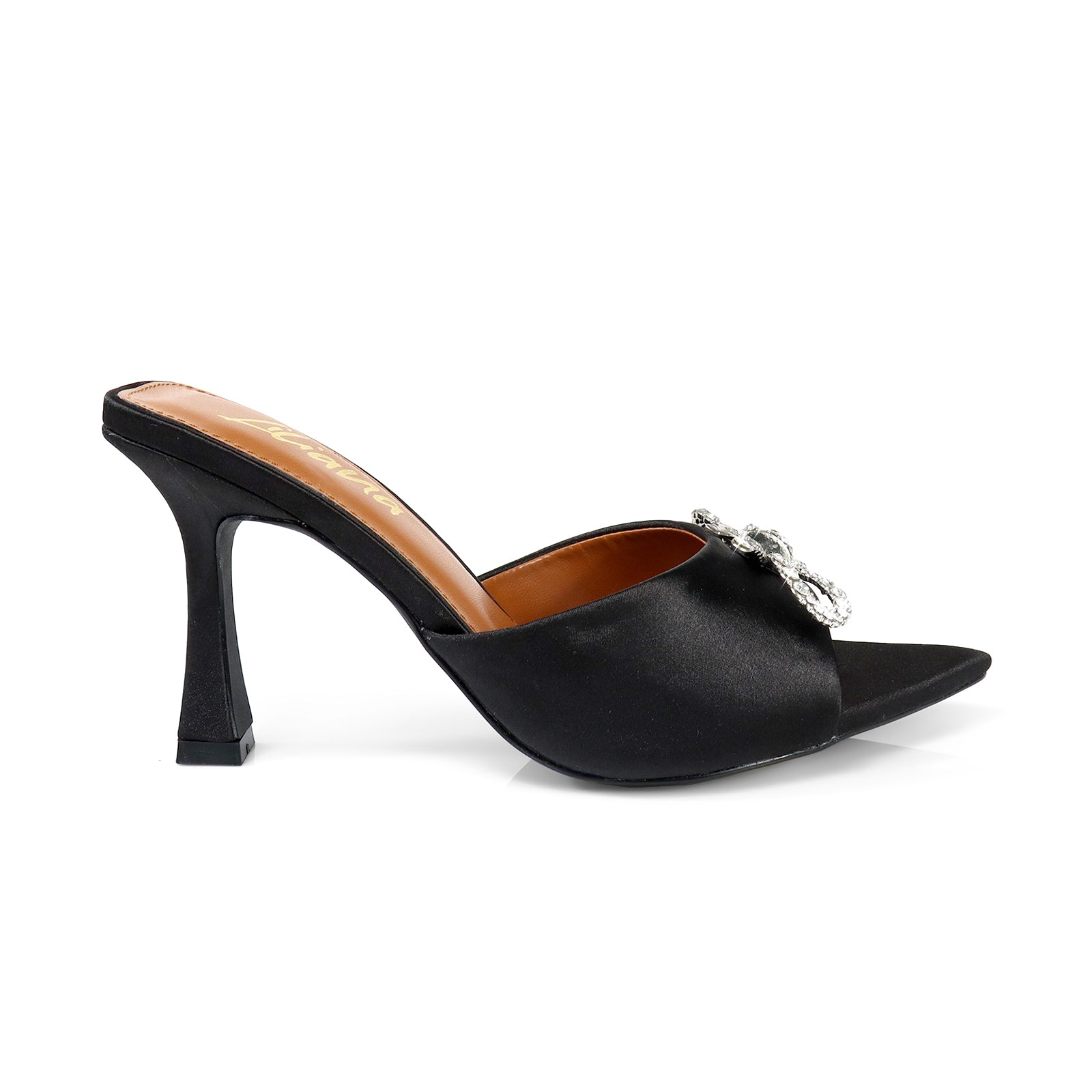 VIORI-1 POINTED TOE RHINESTONE KNOT W/ SPOOL HEEL BLACK