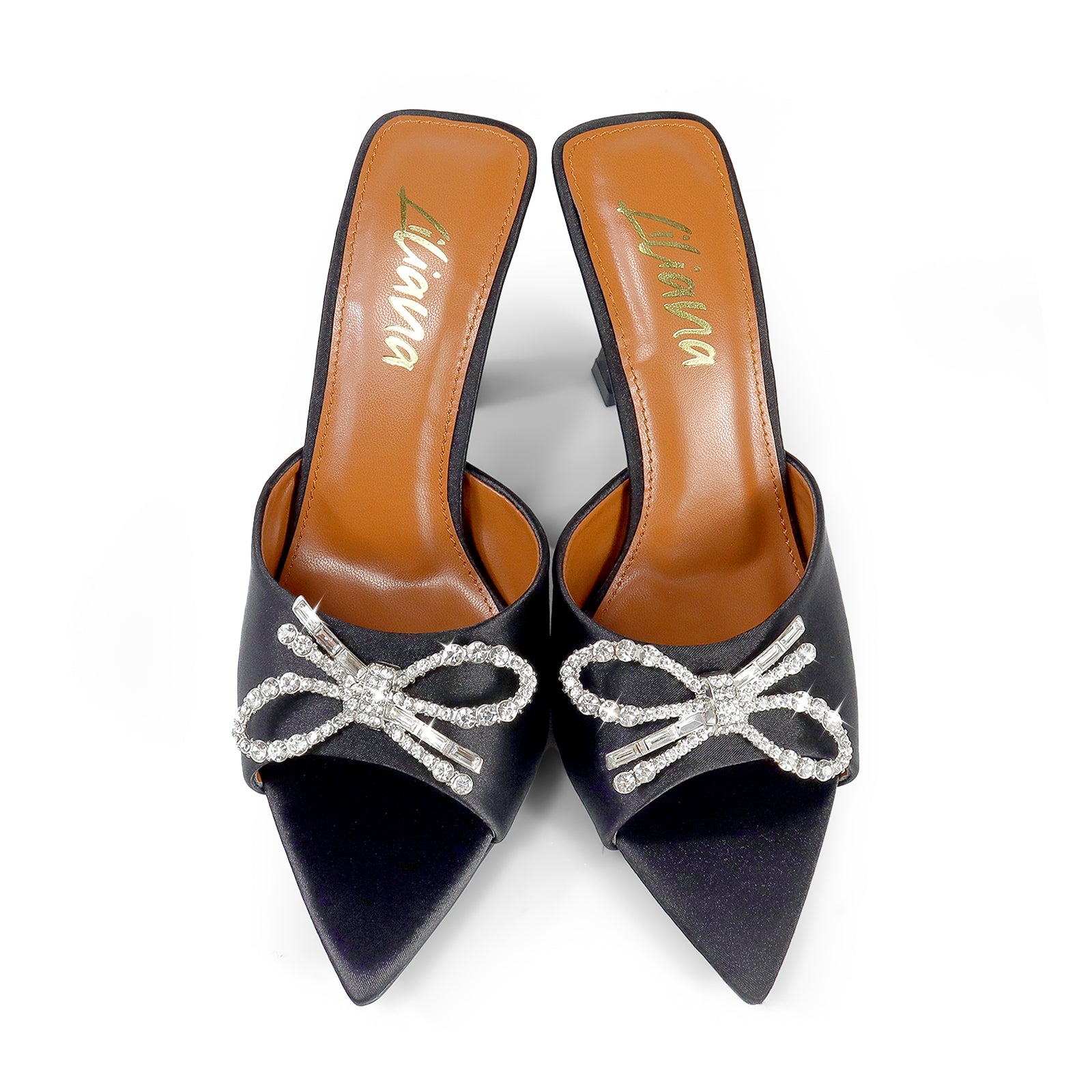 VIORI-1 POINTED TOE RHINESTONE KNOT W/ SPOOL HEEL BLACK