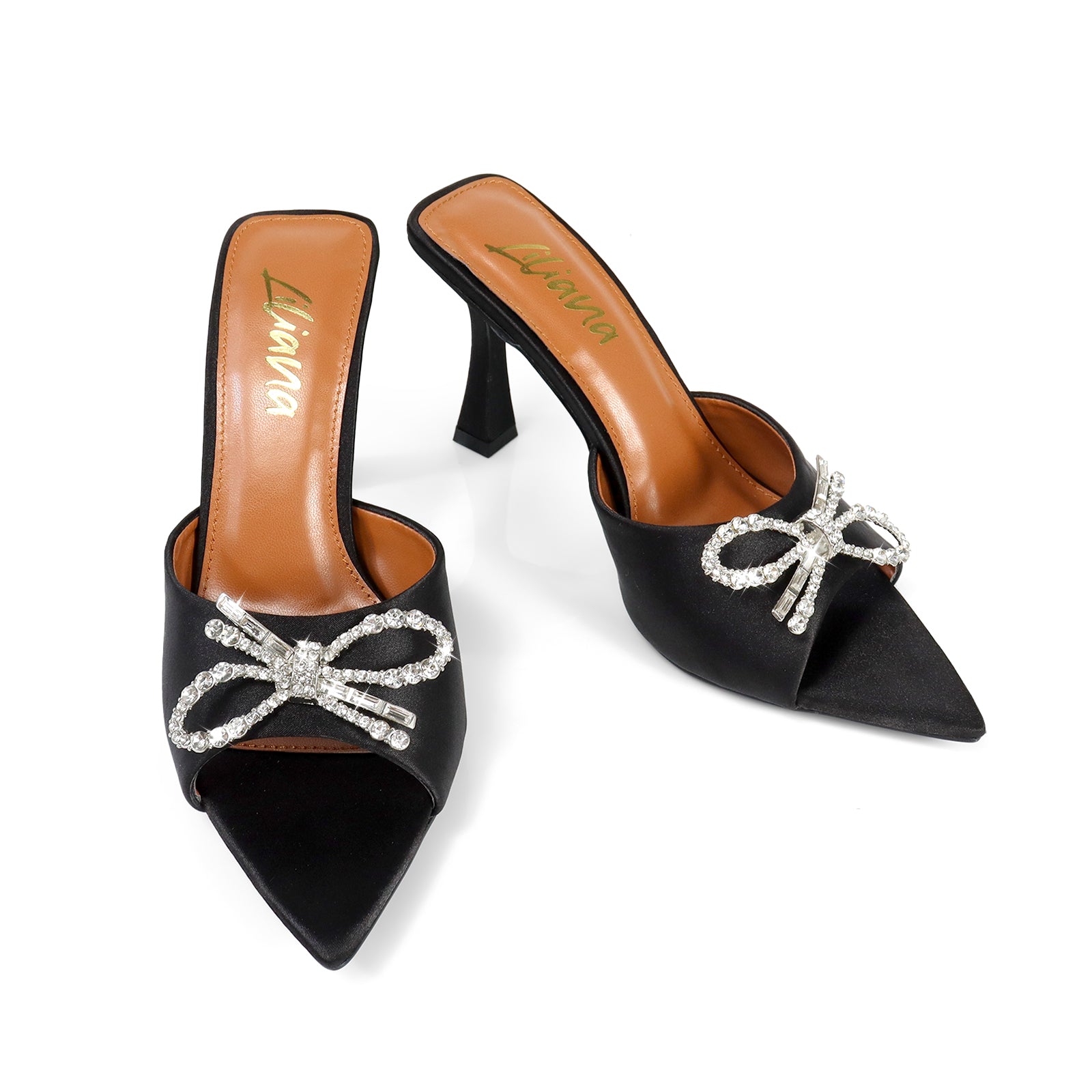 VIORI-1 POINTED TOE RHINESTONE KNOT W/ SPOOL HEEL BLACK