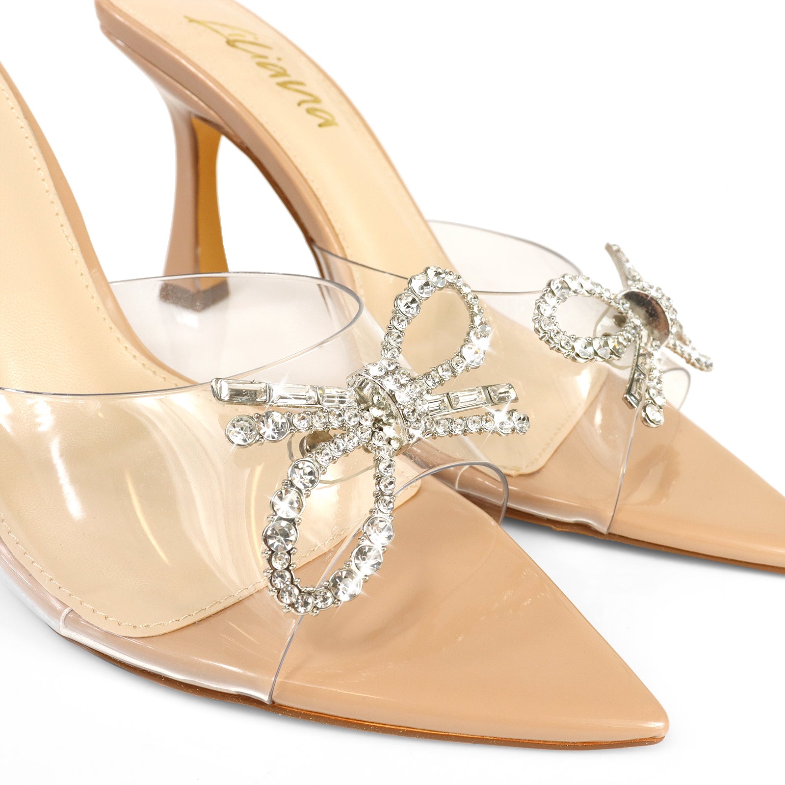 VIORI-1 POINTED TOE RHINESTONE KNOT W/ SPOOL HEEL CLEAR/NUDE