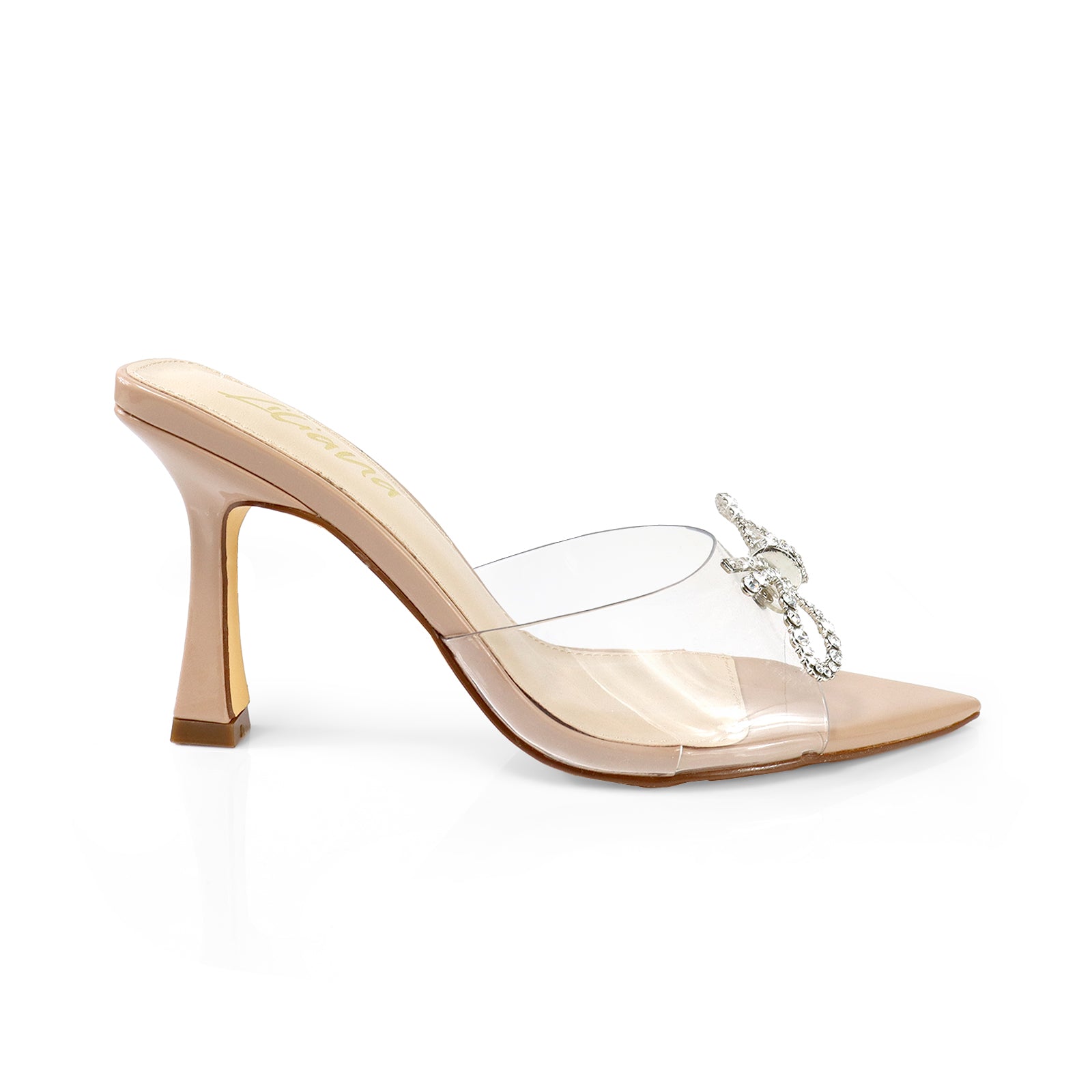 VIORI-1 POINTED TOE RHINESTONE KNOT W/ SPOOL HEEL CLEAR/NUDE