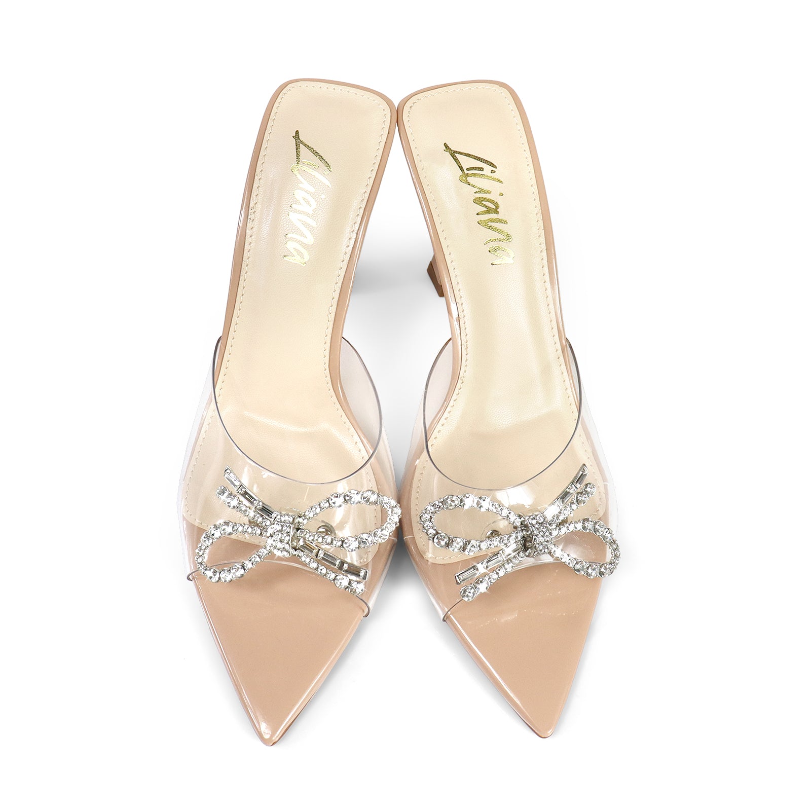 VIORI-1 POINTED TOE RHINESTONE KNOT W/ SPOOL HEEL CLEAR/NUDE