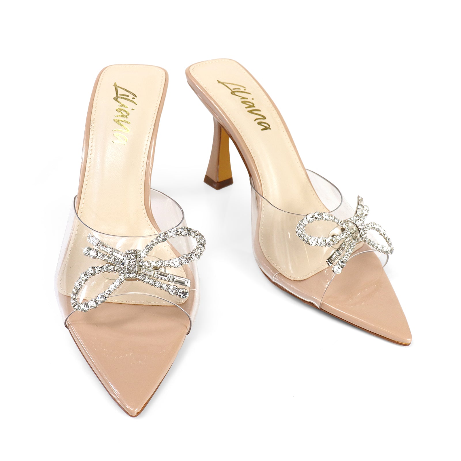 VIORI-1 POINTED TOE RHINESTONE KNOT W/ SPOOL HEEL CLEAR/NUDE