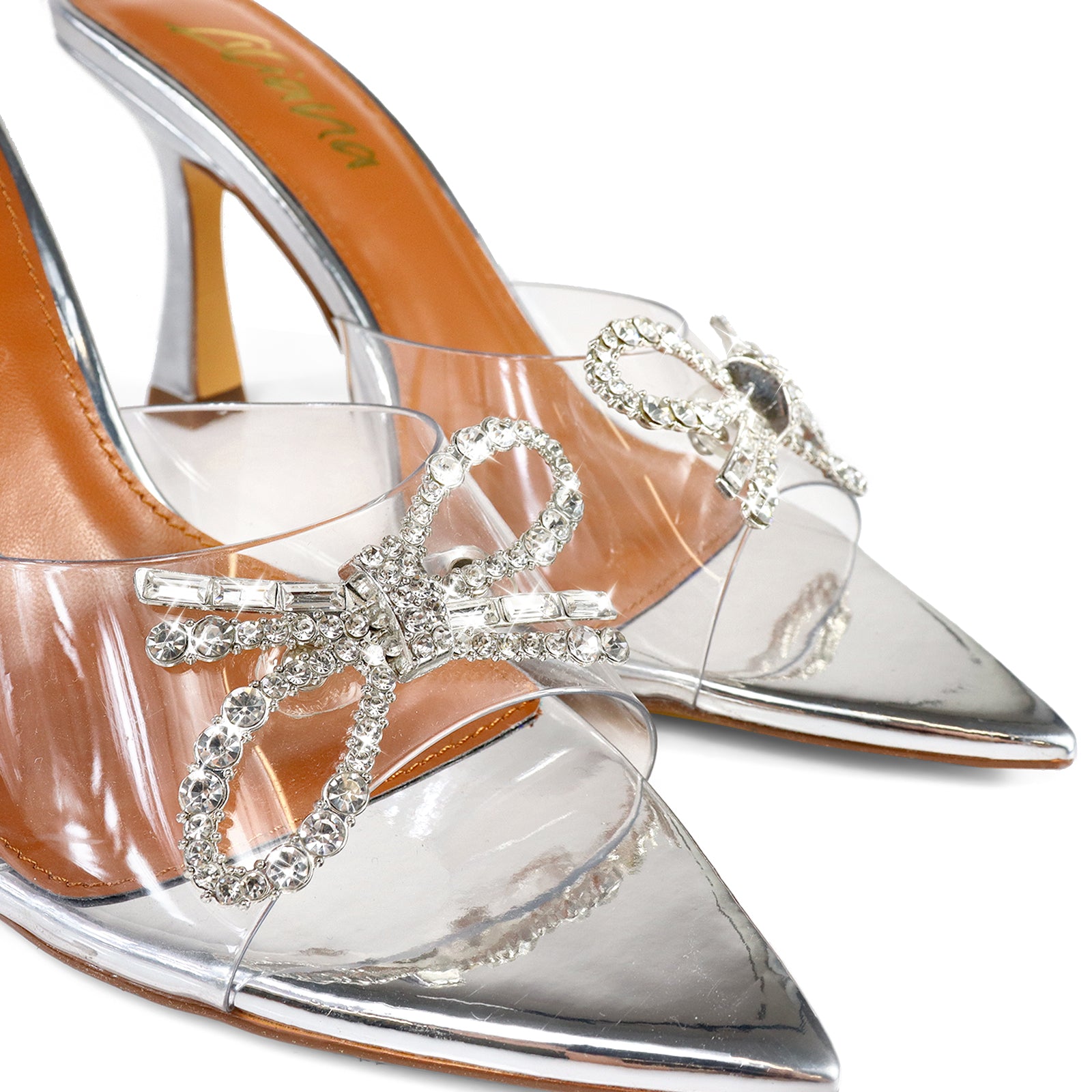 VIORI-1 POINTED TOE RHINESTONE KNOT W/ SPOOL HEEL CLEAR/SILVER