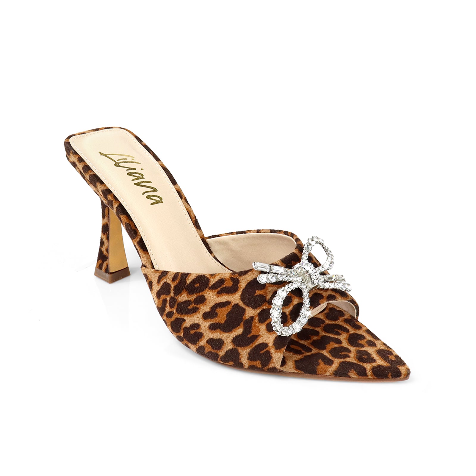 VIORI-1 POINTED TOE RHINESTONE KNOT W/ SPOOL HEEL LEOPARD