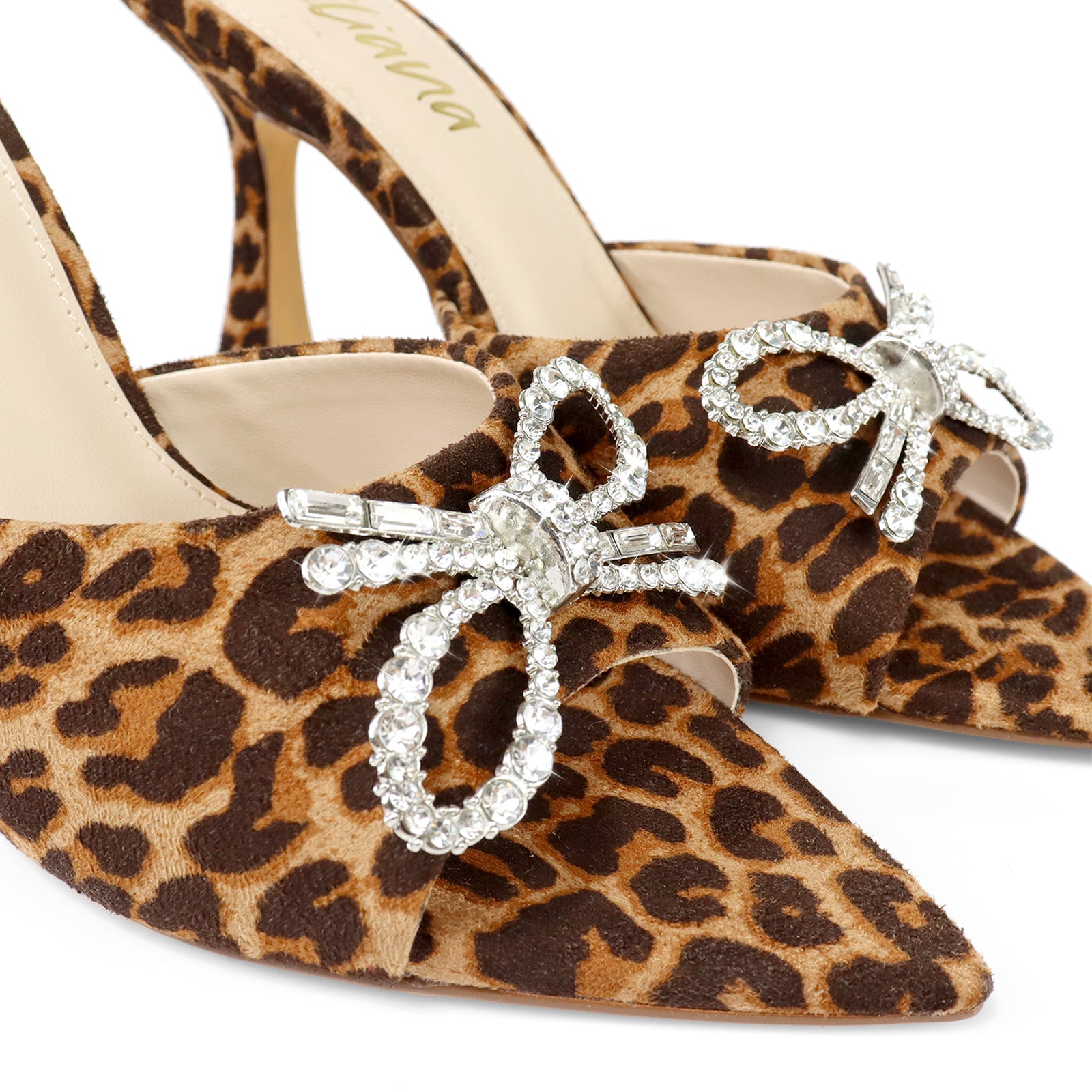 VIORI-1 POINTED TOE RHINESTONE KNOT W/ SPOOL HEEL LEOPARD