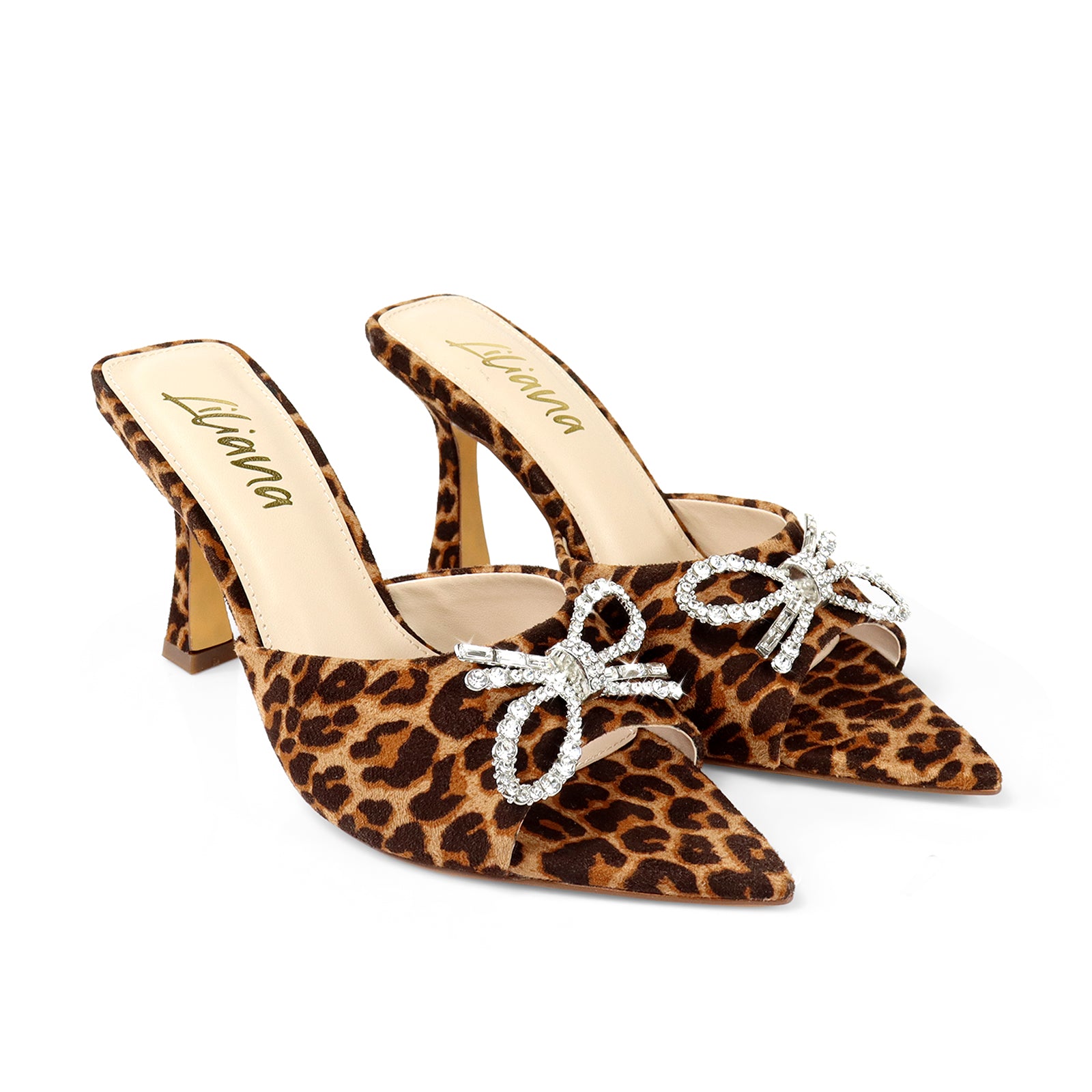 VIORI-1 POINTED TOE RHINESTONE KNOT W/ SPOOL HEEL LEOPARD