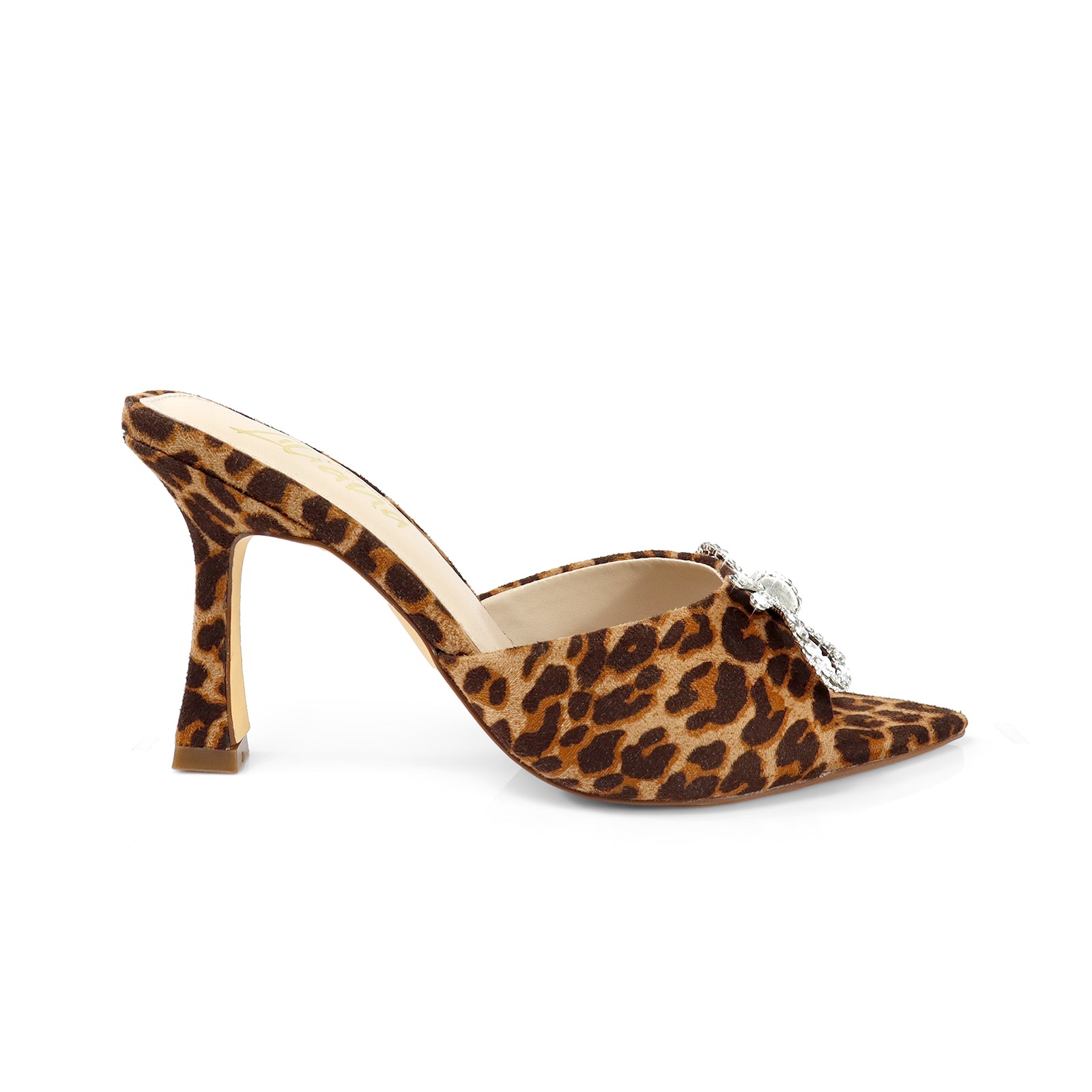 VIORI-1 POINTED TOE RHINESTONE KNOT W/ SPOOL HEEL LEOPARD